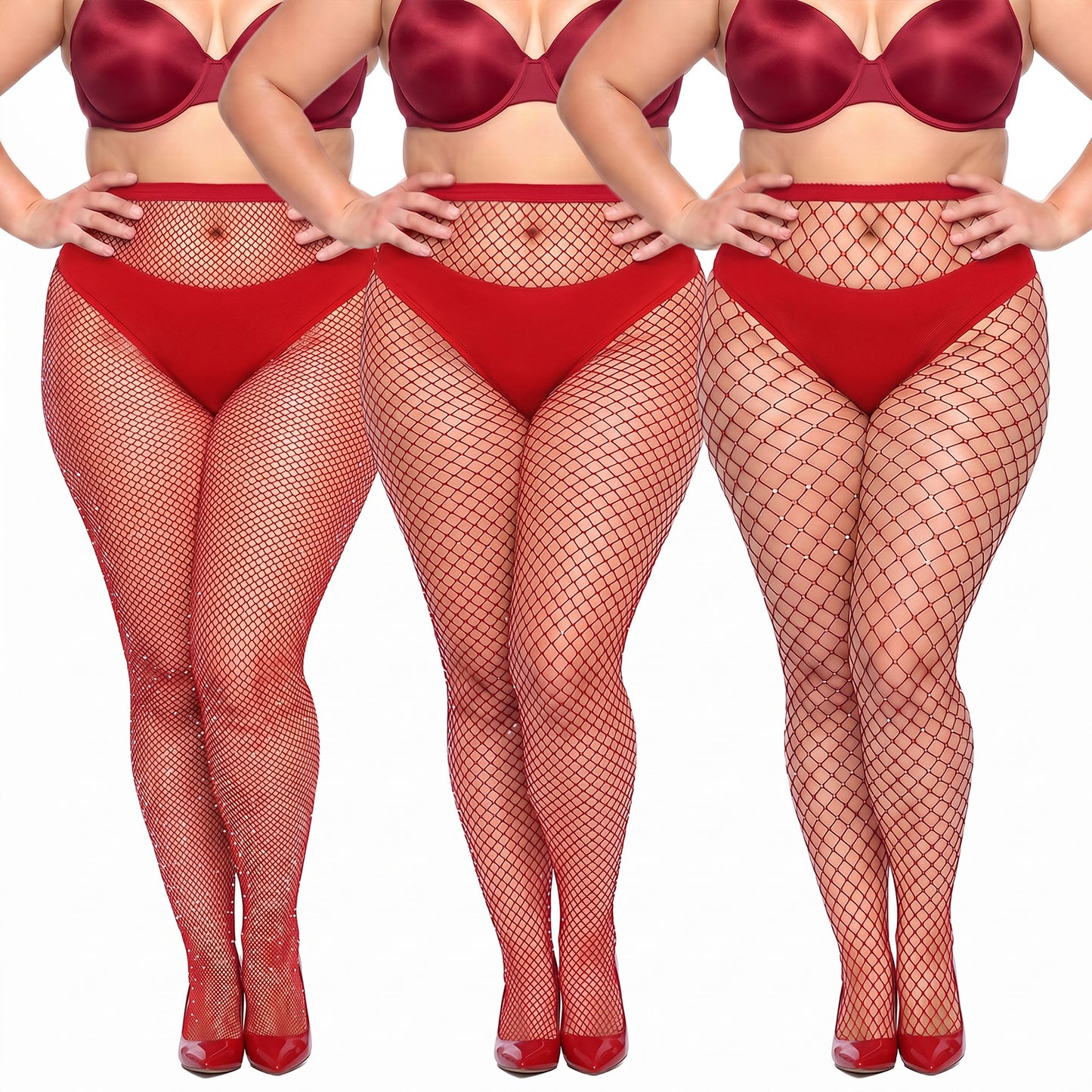 Abeillo 3 Pairs Fishnet Stockings for Women, Rhinestone Sparkly Large/Medium/Small Mesh Fishnets Festival Outfits Accessories(Red,Red)