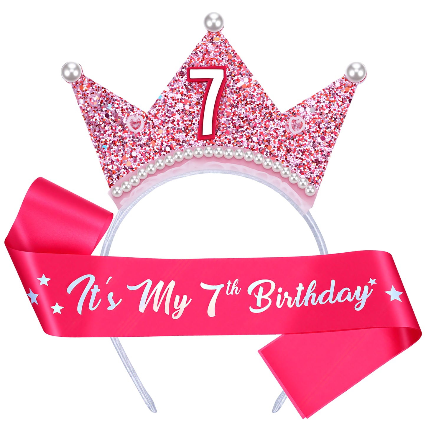 PEOVLVN Birthday Girl Sash and Crown, 7th Birthday Decorations for Girls Glitter Pearl Birthday Tiara Princess Crown Party Decorations Gifts for 7 Year Old Girl Outfit