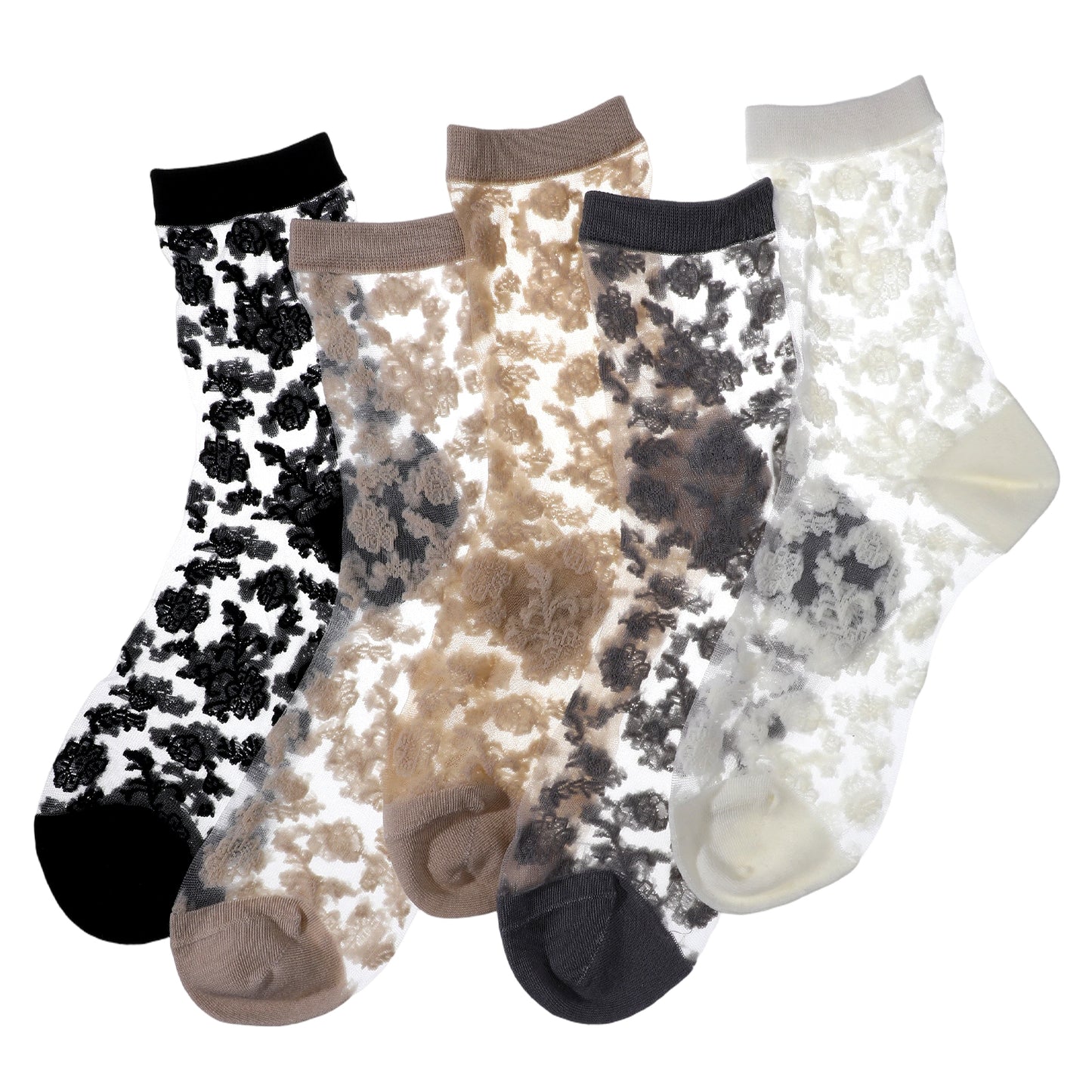 Falzqq 5 Pairs Sheer Socks Women Ankle Sheer Floral Socks Flower Lace Sock Elastic Clear Mesh Sock, 5 Colors