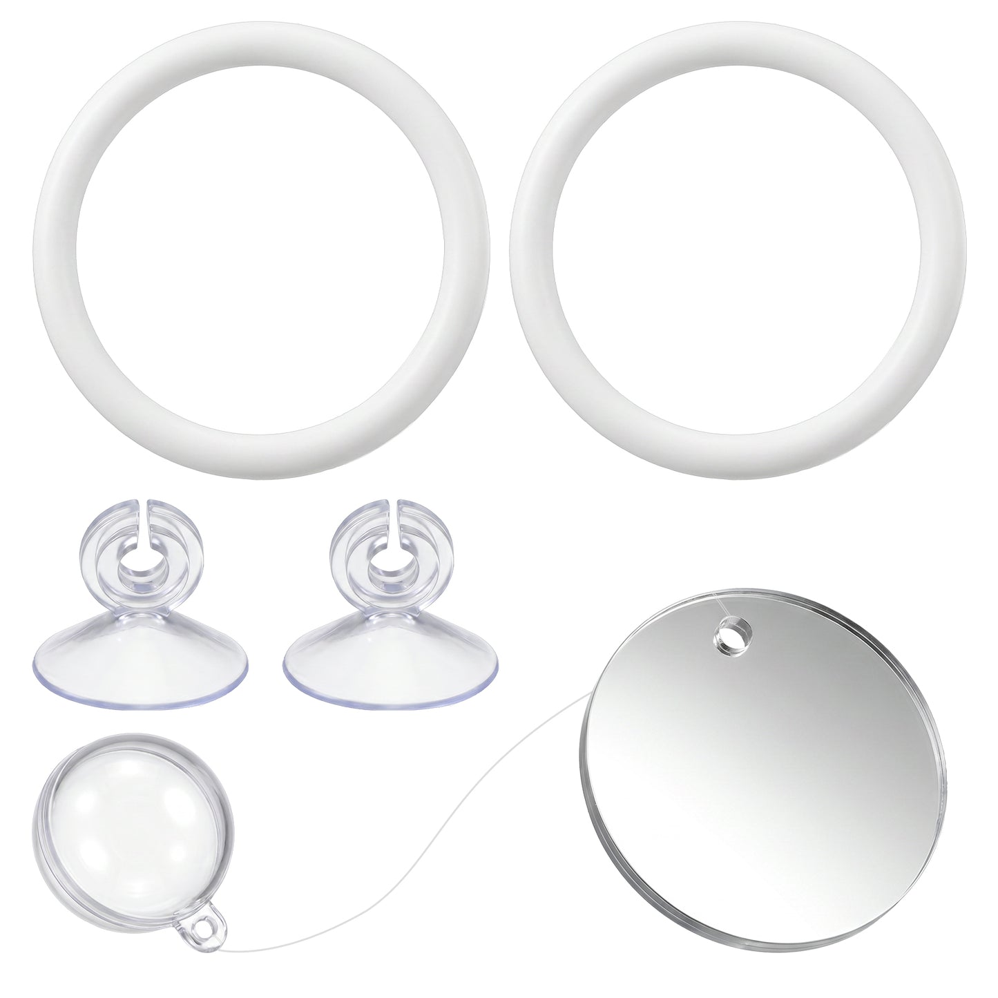 Betta Fish Toys, Betta Fish Enrichment Toy Set Including 2 White Exercise Rings, Beta Mirror, Floating Ball, 2 Suction Cups & Hanging String for Interactive Tank Play, Beta Fishing Tank Accessories