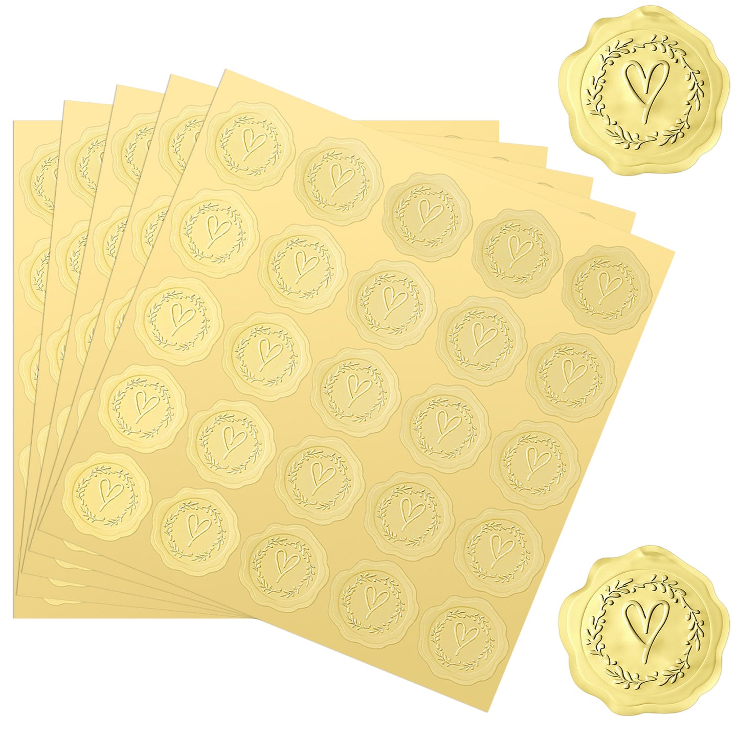 125 Pcs Gold Embossed Envelope Stickers, Envelope Seal Stickers Self Adhesive Gold Foil Sticker Heart Wax Seal Sticker for Wedding Invitations, Halloween, Christmas Greeting Cards, Party Favors