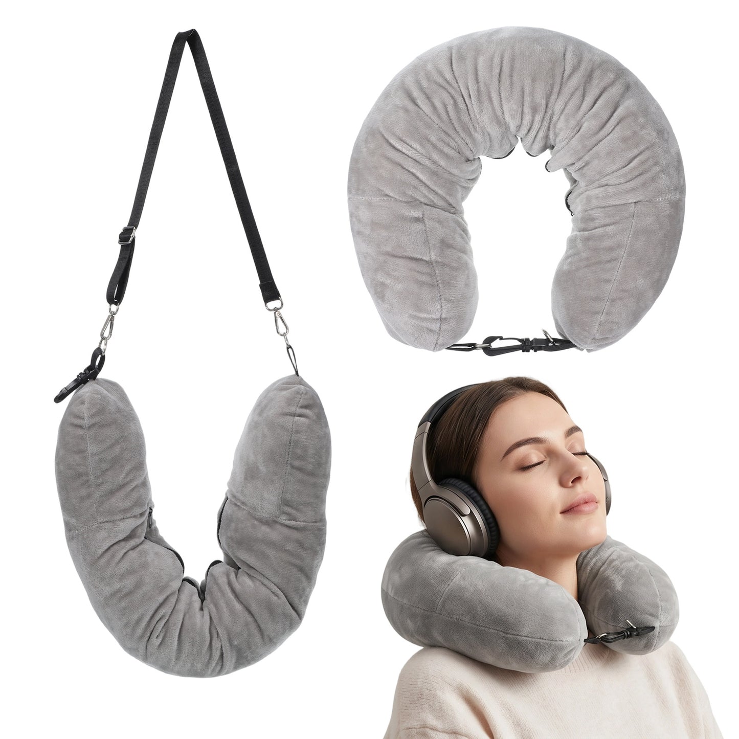 Falzqq Stuffable Neck Pillow for Travel, Soft Velvet Stuffable Travel Pillow Fillable Airplane Neck Support Clothes Carry Bag (Grey)