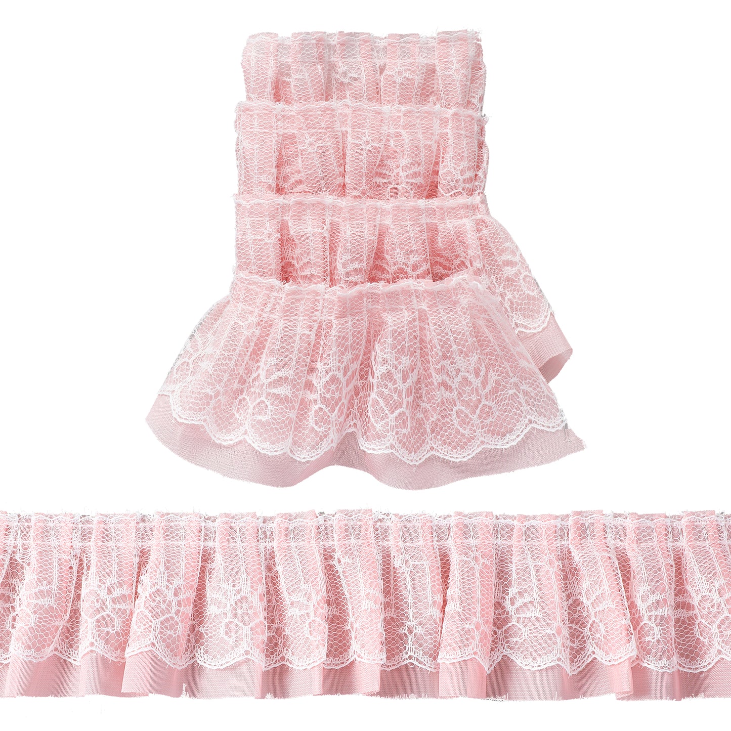 39 In/10 m Pink Lace, Double Layer 2 in /5 cm Wide Lace, Pink Laces Ribbon Gathered Tulle Edging, Ruffle Ribbon for DIY Sewing Crafts Dress Embellishments, Gift Wrapping