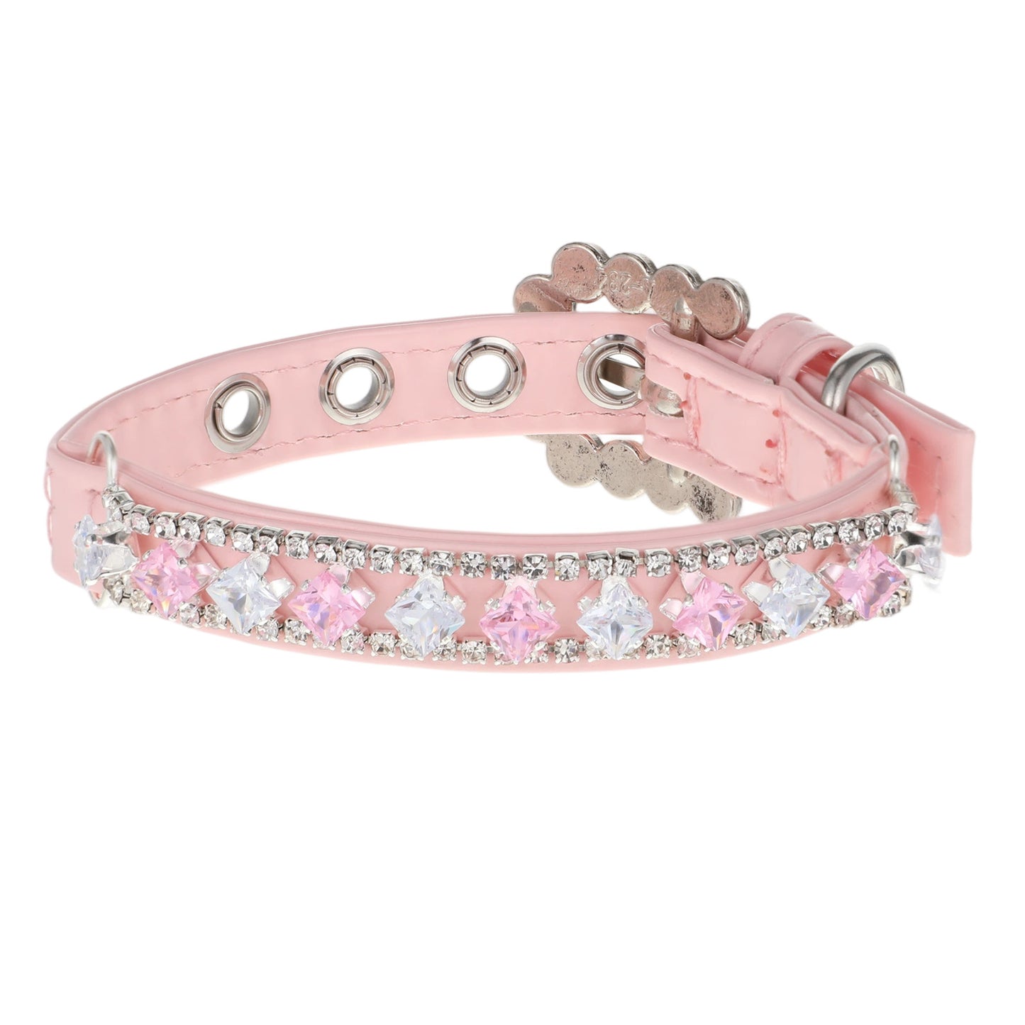 Rhinestones Dog Collar, Pink Leather Girl Dog Collar, 5 Holes Adjustable Bling Diamond Puppy Necklace Collars for Small Dogs Girl, XS
