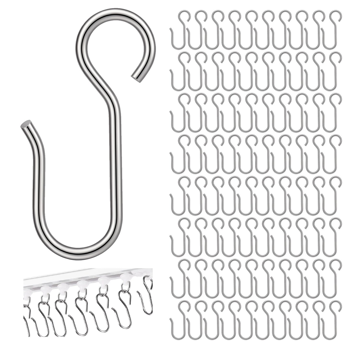 Thinp 80 Pcs Metal Curtain Track Hooks, Drape Wire Hooks S Shaped Drapery Hook for Ceiling Track Small Curtain Hook for Bathroom Shower Ceiling Curtains Drape Tracks (Silver)