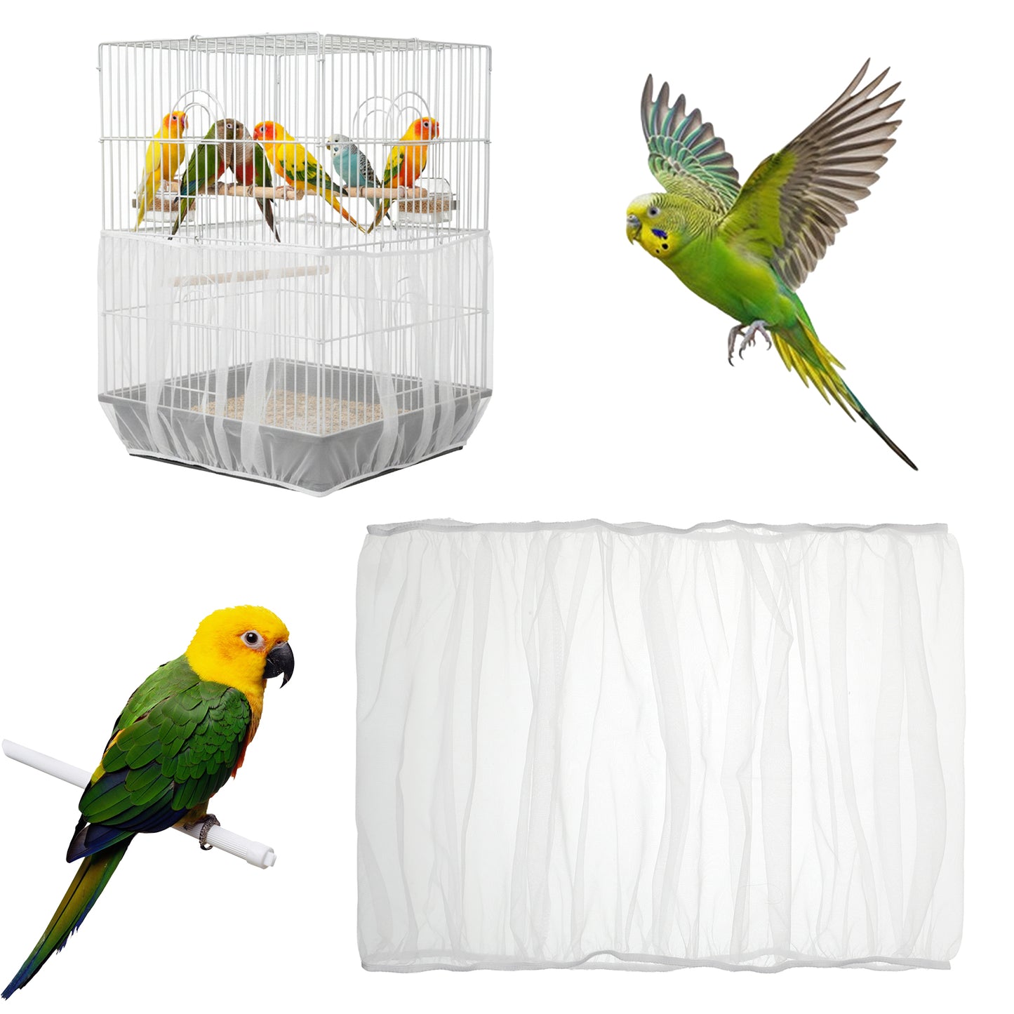 Axafazup Bird Cage Seed Catcher Net Cover, White Adjustable Breathable Mesh Parrot Cage Skirt Guard for Parrot Cockatiel Budgie Fits Round Square Cages