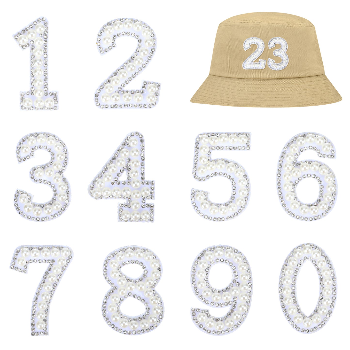 10 PCS Iron on Numbers, Practical White Number Patches with Pearl Appliques Embellishments for DIY Team Uniforms Sports T-Shirts Hats Bags Jeans Jackets Clothing Backpack (Number 0-9)