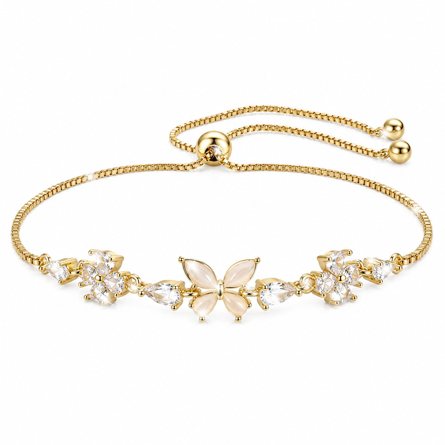 Ajcotahm Gold Adjustable Bracelets for Women, Dainty Butterfly Flower Rhinestone Bracelet Sparkly Slider Butterfly Jewelry