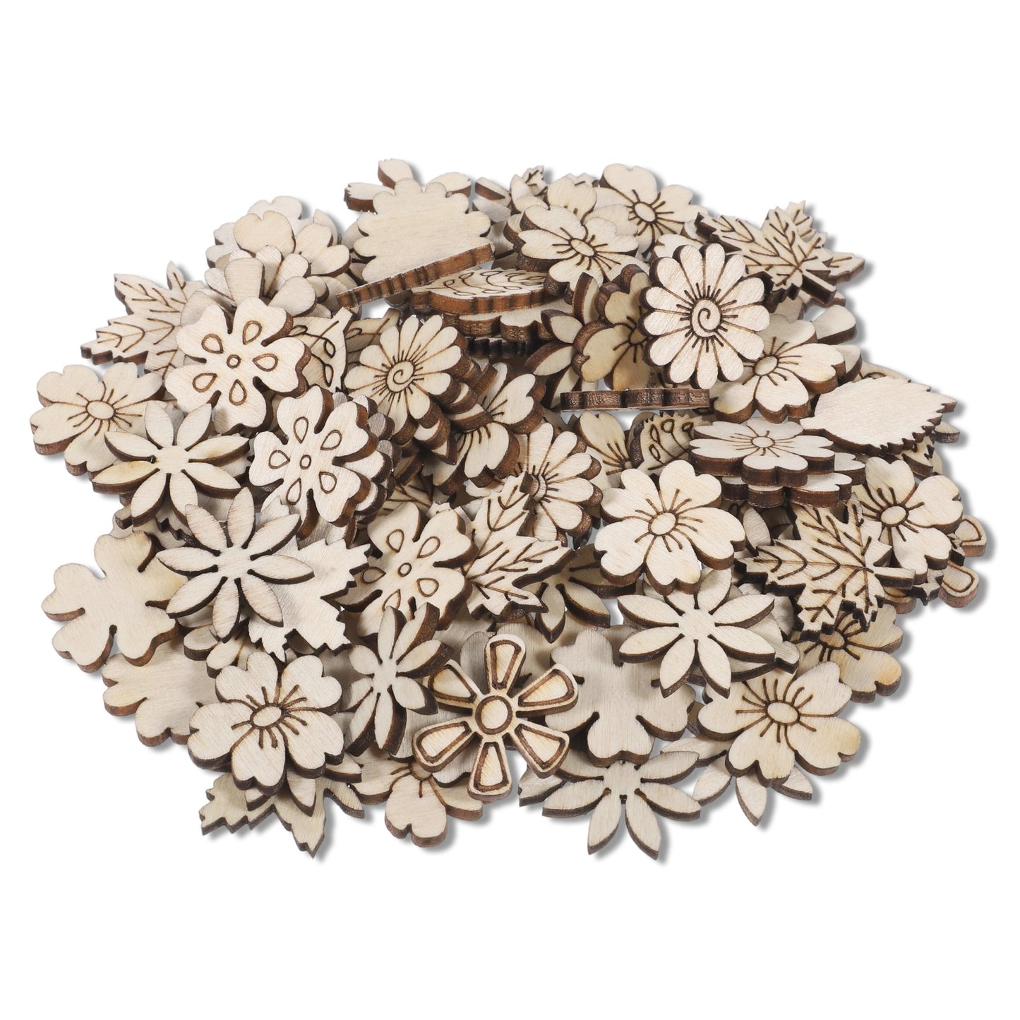 100 PCS Unfinished Wood Flowers Wood Slice Leaf Pattern Cutouts Mini Wooden Handmade Craft Decoration Supplies DIY Art Project Wooden Pieces Scrapbook Embellishments