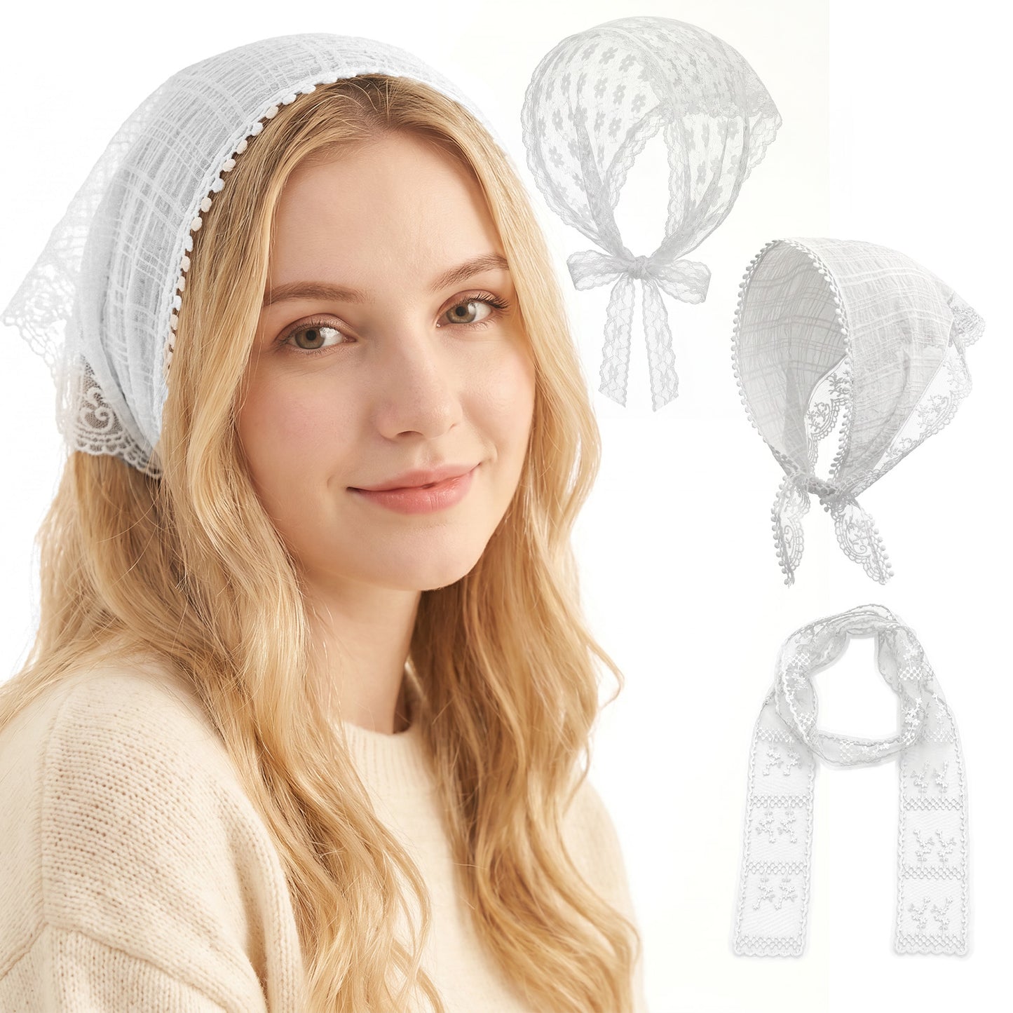3Pcs Lace Bandanas Head Scarf Headband Floral Triangle Head Scarf for Women