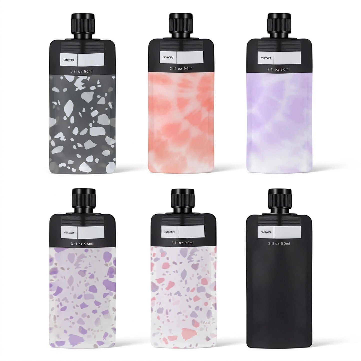 6PCS Travel Liquid Container Set - Refillable Travel Pouches for Toiletries, 3oz TSA Approved Squeeze Pouches, Travel Shampoo Skin Care Containers