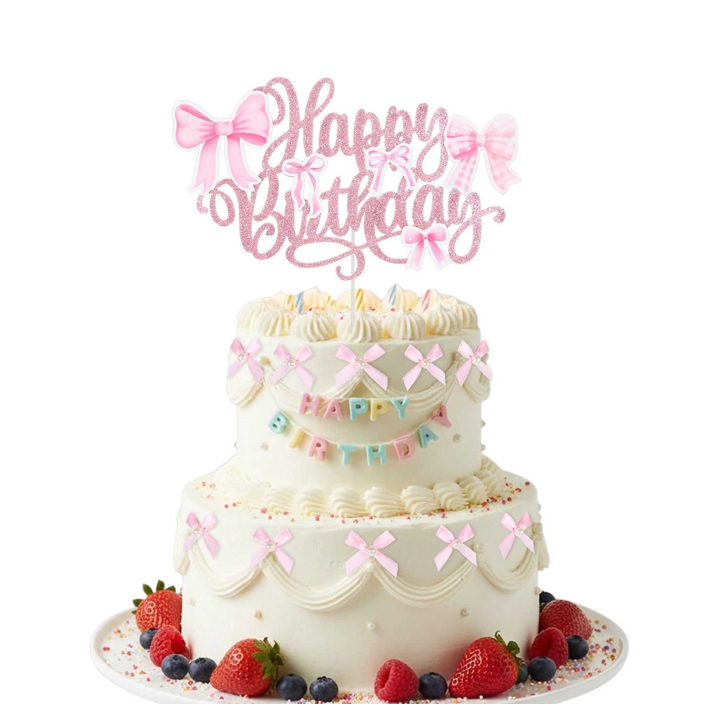 Grevosea 13 Pcs Bow Birthday Decorations, Pink Happy Birthday Cake Topper with 12 Bow and Pearl Cake Toppers Pink Bows for Cake Decorating Baby Shower Bridal Shower Bachelorette Party Supplies