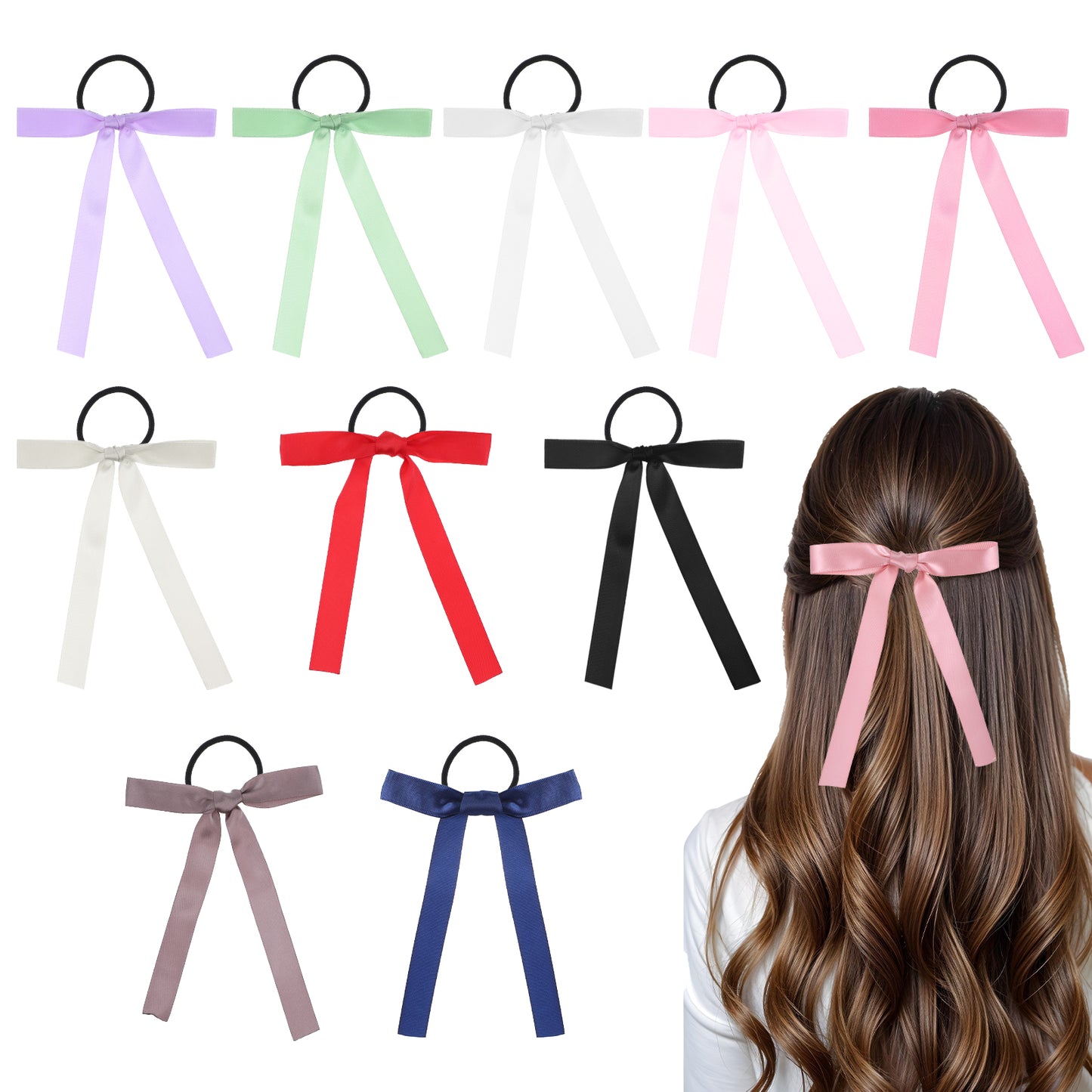 10 Pcs Bow Hair Ties, Silky Satin Elastics Hair Scrunchie, Ponytail Holder Accessories Long Tail Bowknot Bows Hair Bands for Women(10 Colors)