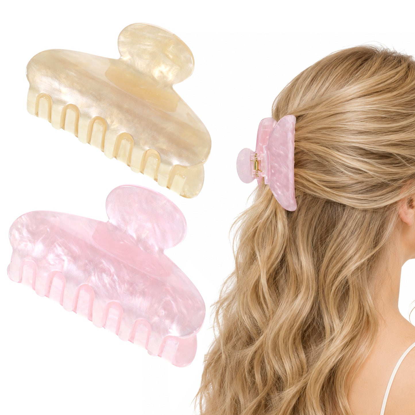 2 Pcs Hair Claw Clips for Women, Cute Claw Clips Acrylic Non-Slip Claw Barrettes Hair Accessories for Girls Thick Thin Hair (Yellow&Pink)