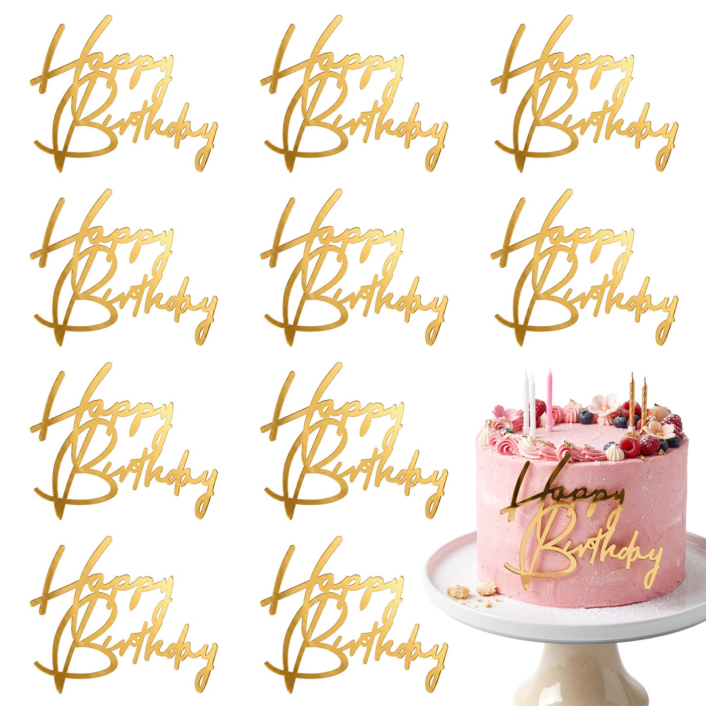 10 Pcs Happy Birthday Cake Toppers, Gold Happy Birthday Cake Topper, Acrylic Birthdays Cupcake Topper Party Decorations