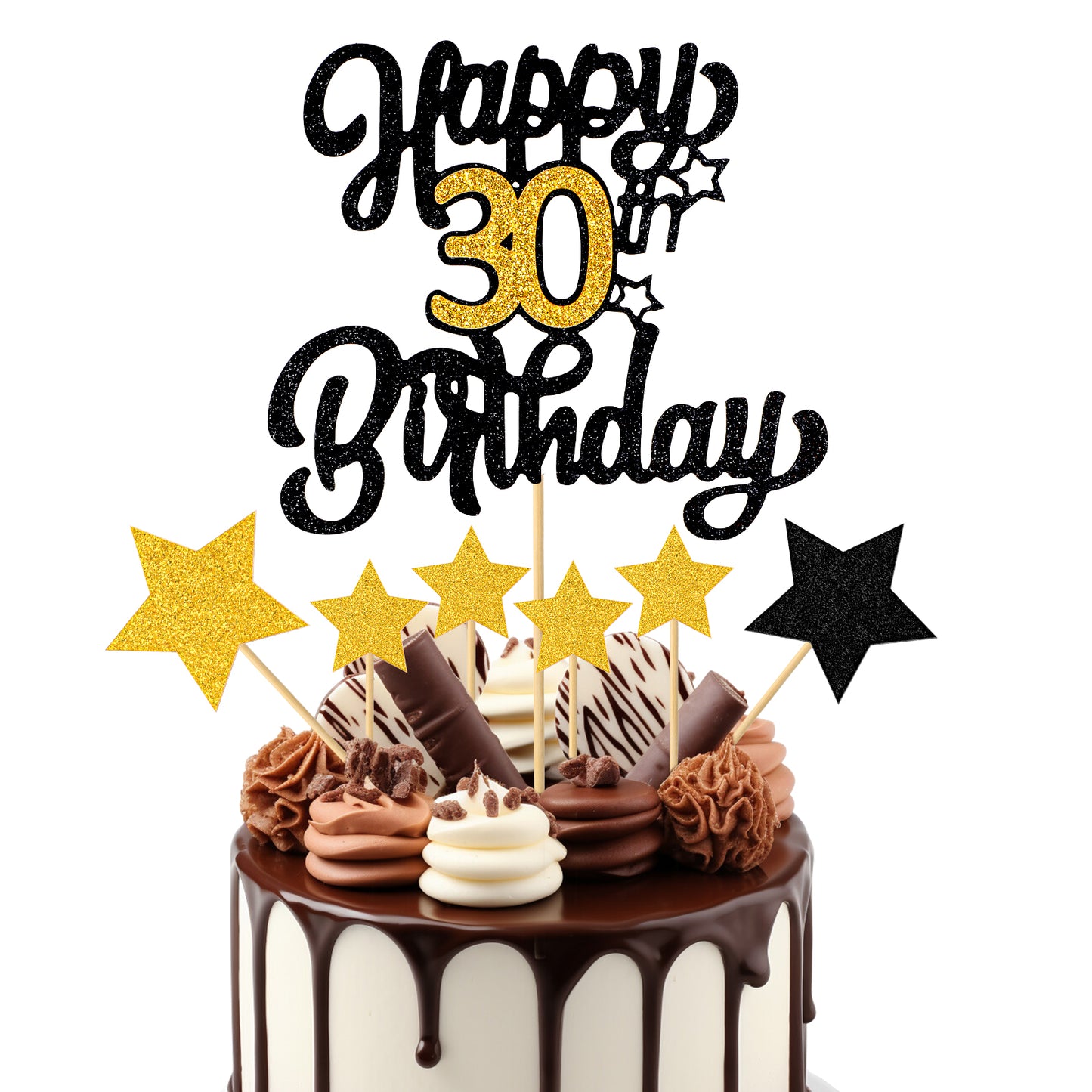 1 PCS Happy 30th Birthday Cake Topper Black Gold Glitter Cheers to 30 Years Birthday Cake Pick 30 Fabulous Cake Decoration 30th Birthday Cake Topper 30th Anniversary Cake Topper Gold Party Decorations