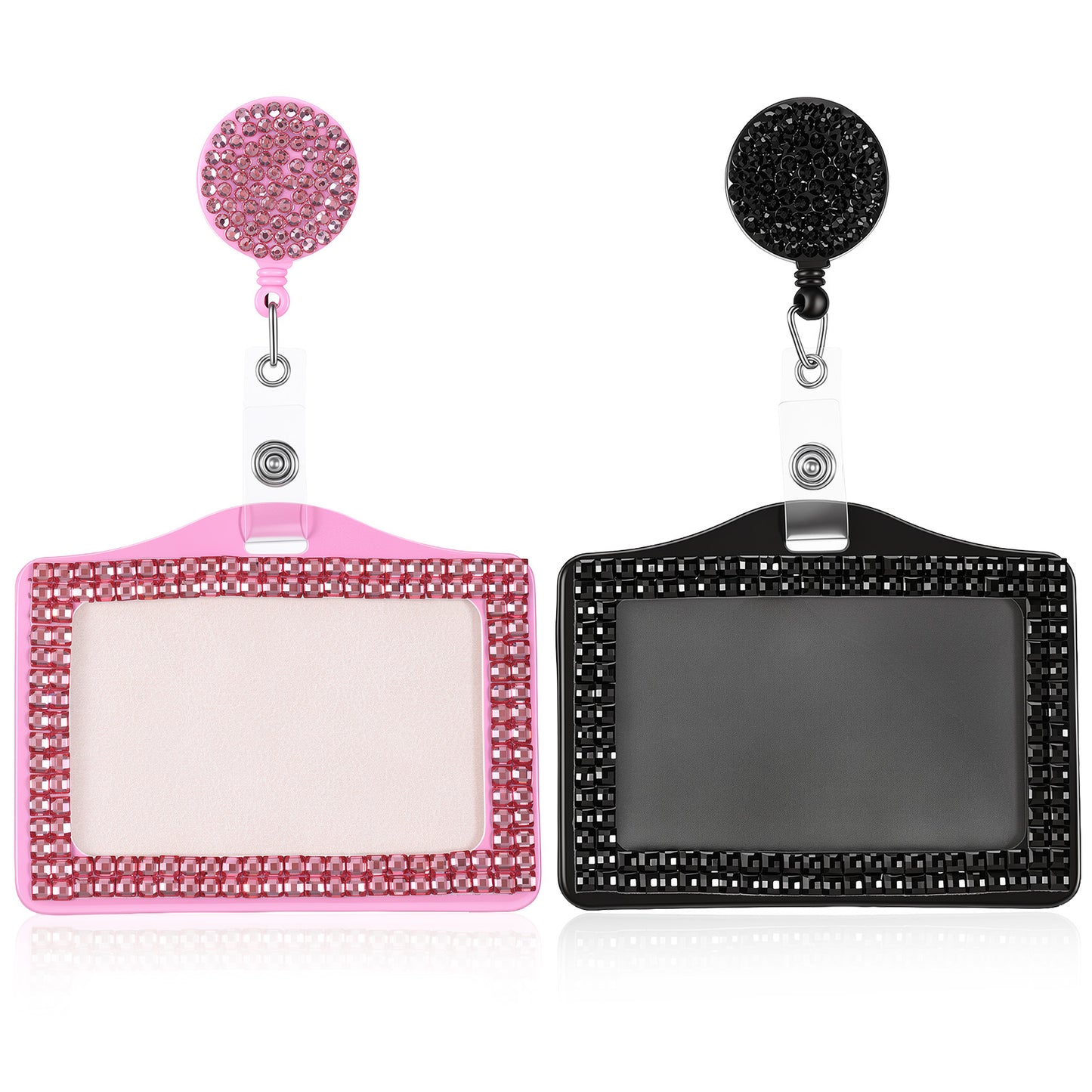 2 Pcs Rhinestone Badge Holder Horizontal, Bling Crystal ID Badge Holders with Retractable Reel Clip for Business Office School (Black and Pink)