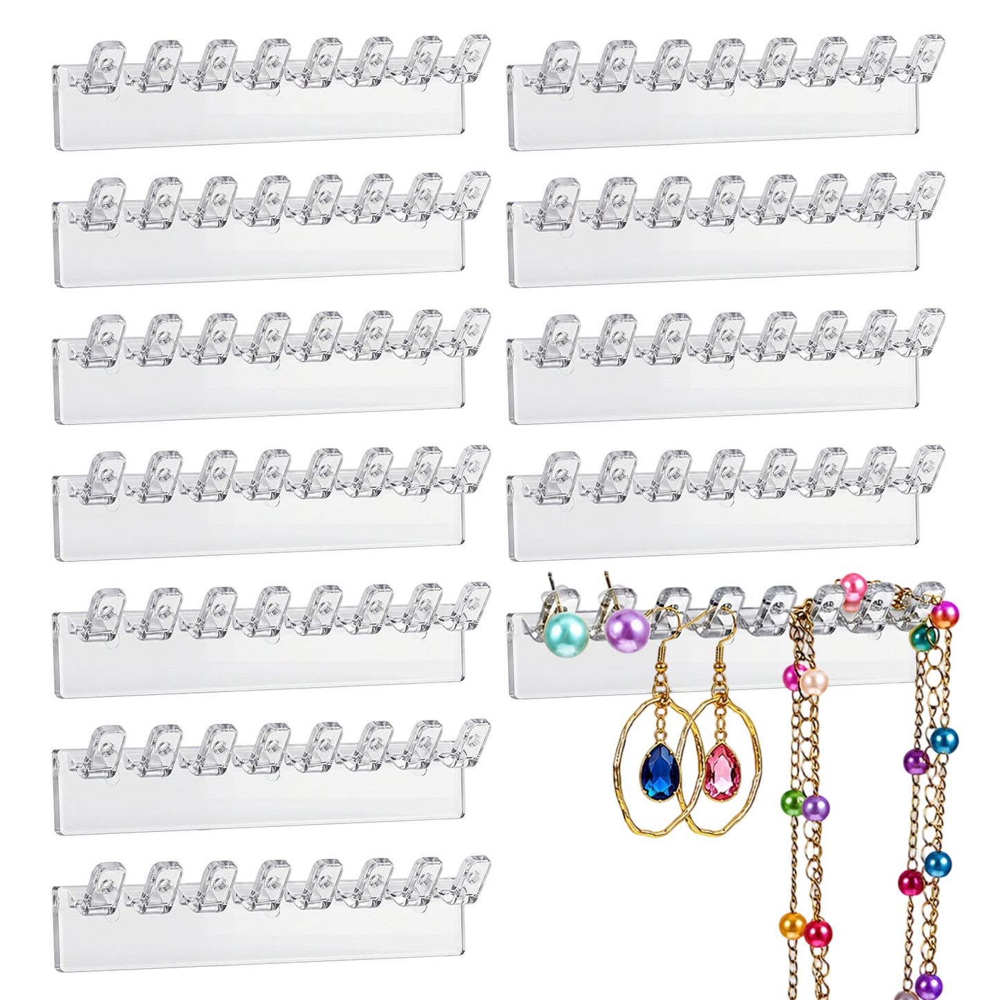 12 Pcs Wall Necklace Holder, Acrylic Necklace Organizer Wall Mounted 3.7 Inch Hanging Jewelry Organizer with 8 Hooks Self-Adhesive Jewelry Hanger for Necklaces Bracelets Rings Earrings Bangles Display