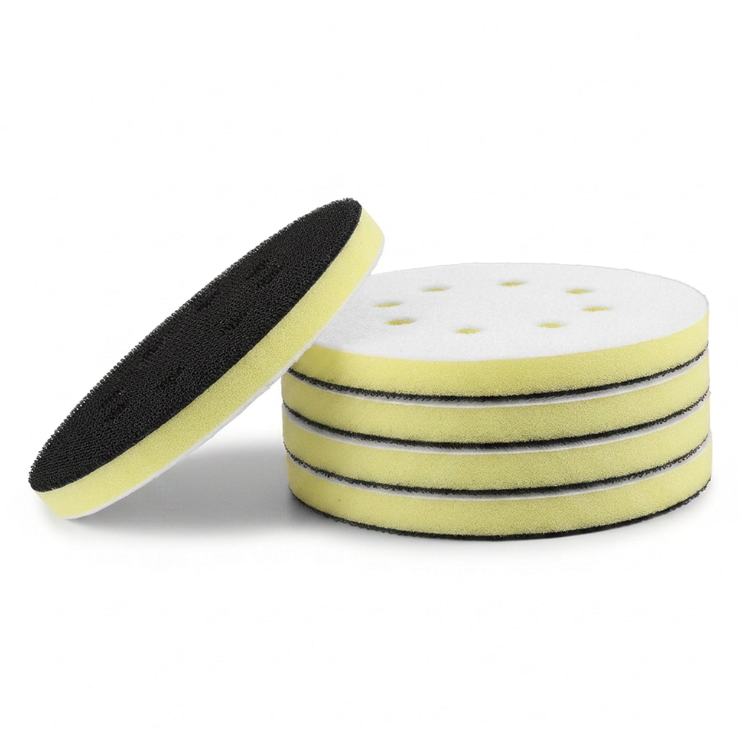 Larrel 5 Pack Foam Sanding Interface Pads, 5 Inch 8 Holes Orbital Sander Foam Pad, Universal Effective Hook and Loop Sanding Disc Backing Pads for Orbital Sander(Black, White, Yellow)