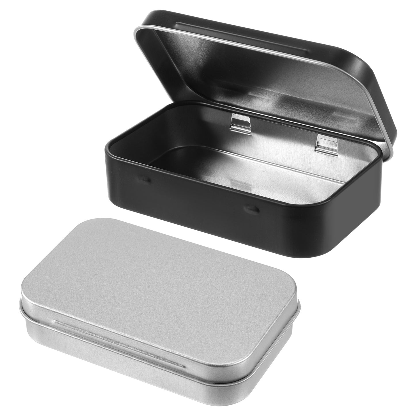 2Pcs Metal Rectangular Empty Hinged Tins Tin Containers, Mini Portable Storage Box with Lid, Small Storage Container for Candy Key Earrings Food Storage, 3.7 x 2.3 x 0.8 Inch, Black and Silver
