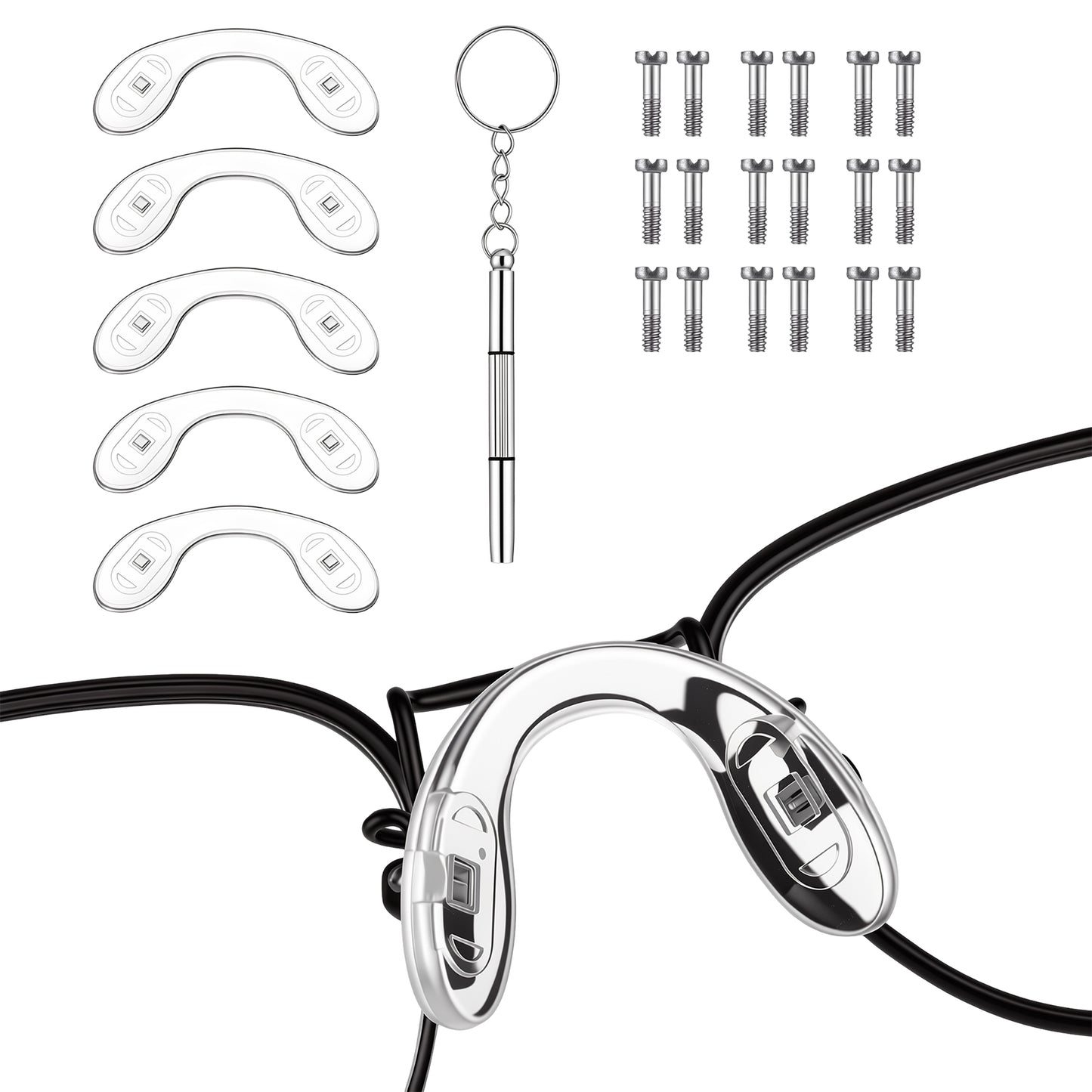 5 pcs Eyeglasses Nose Pads, U Shaped Screw-in Eyeglasses Nose Pads, Soft Silicone Nose Piece for Glasses and Sunglasses, Universal Fit with Screwdriver and Screws