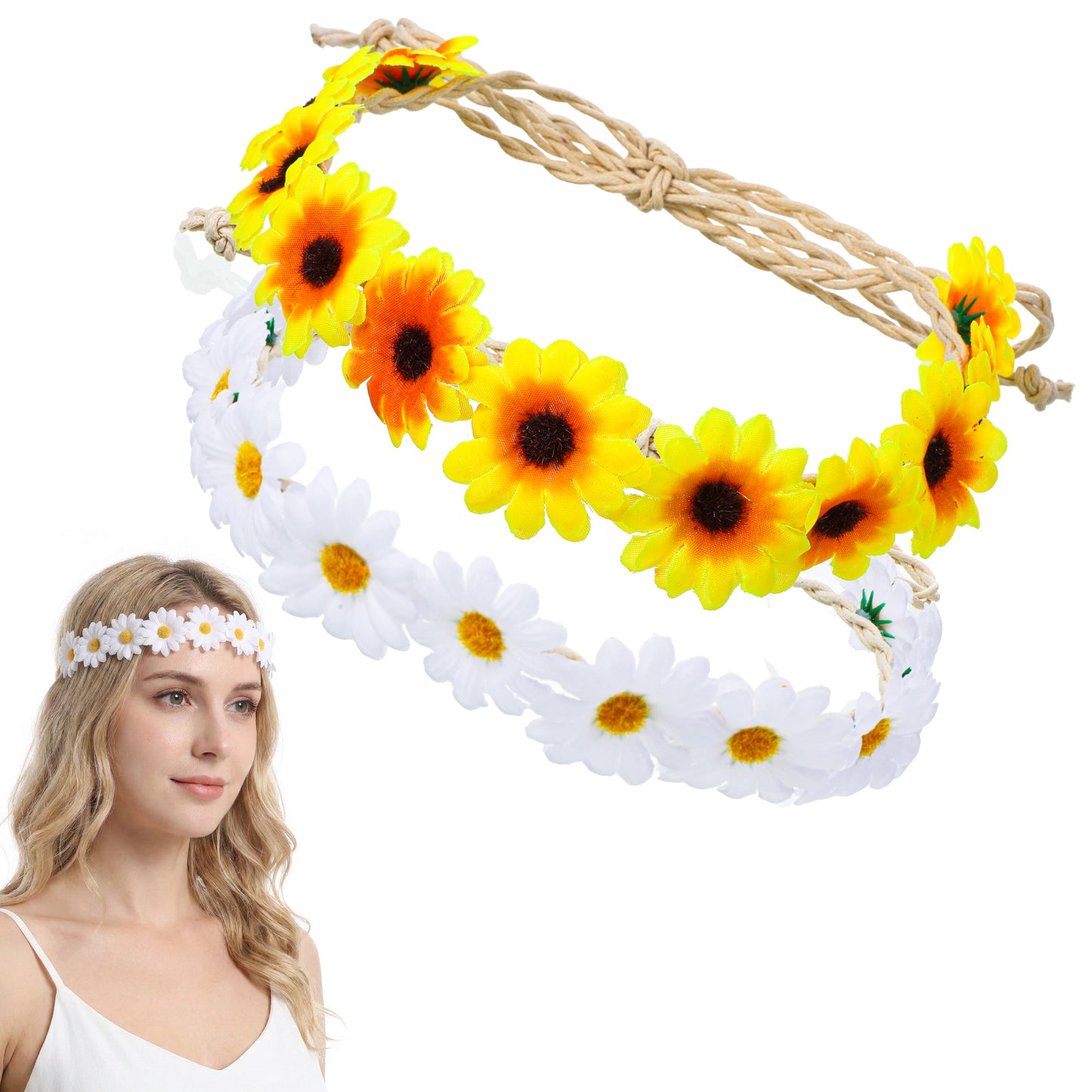 2 Pcs Hippie Headbands for Women, Sunflower Crown Daisy Headpiece Boho Floral Hair Wreath for 70s Hippie Bridal Photo Props Festival