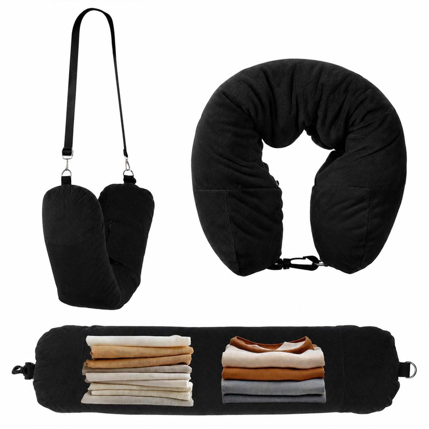 Yuomeaz Stuffable Neck Pillow for Travel, Velvet Travel Neck Pillow Storage Bag with Adjustable Necks Size for Airplanes, No Filler Storage Pillows Fits 3+ Days of Travelling Essentials (Black)