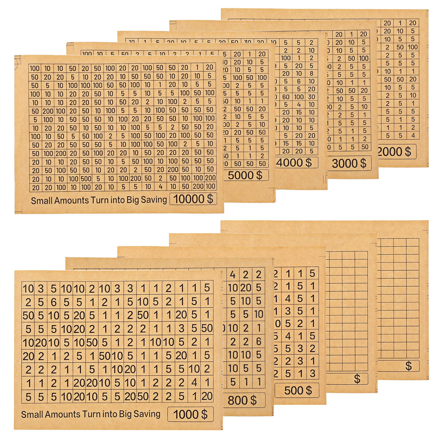 10 Pcs Savings Challenge Sheets, Multiple Amount Options for Money Saving Challenge, Easy-Use Track Charts Matching with 10000 Savings Challenges Box, Money Challenges for Various Saving Goals