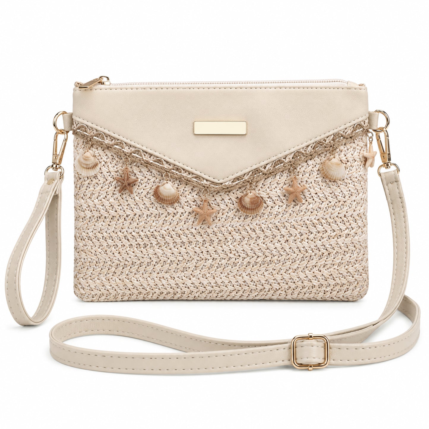 Grevosea Straw Shoulder Bag for Women Summer, Boho Raffia Purse with Charm Chain, Adjustable Crossbody Woven Beach Handbag for Vacation Travel