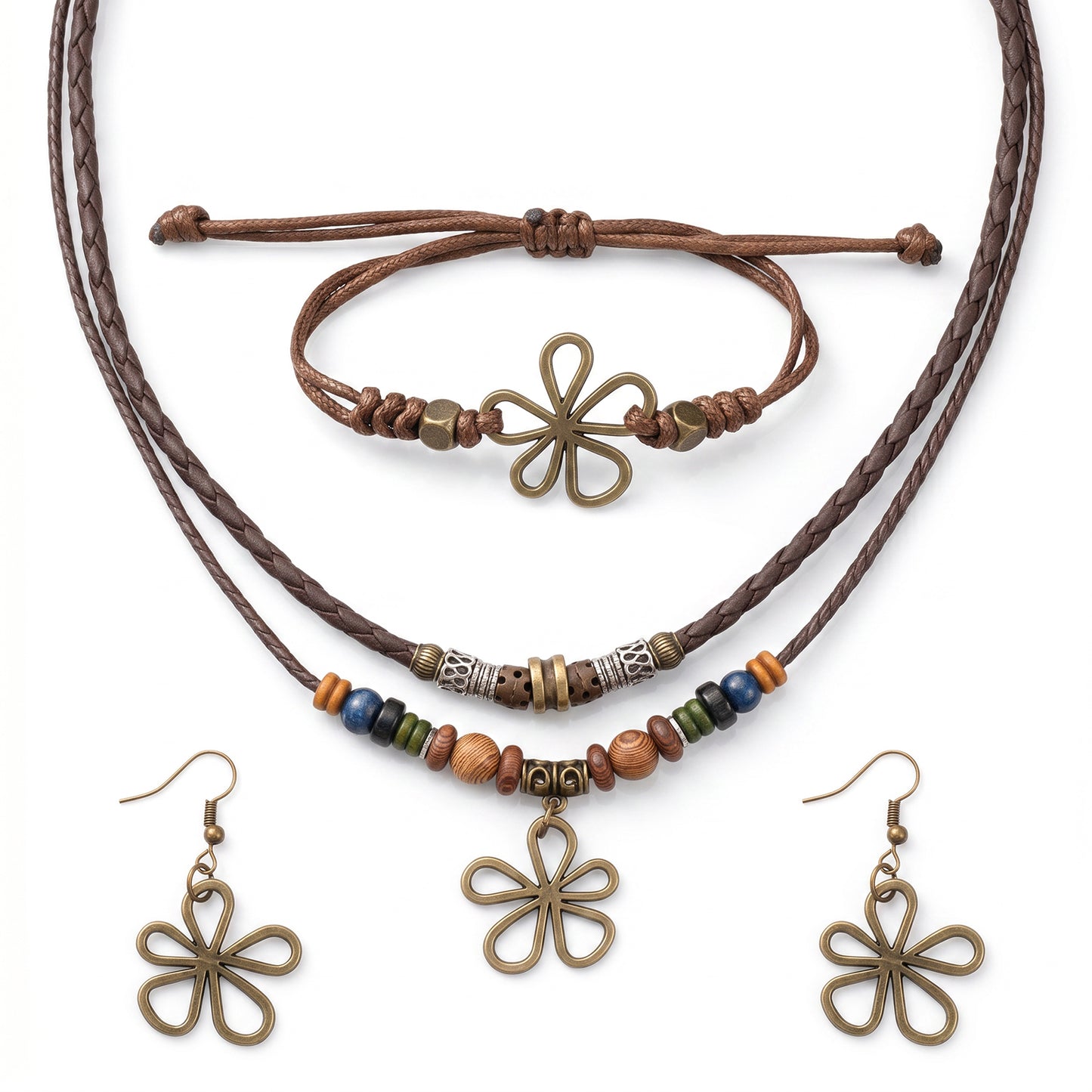 Aeaocvo Boho Necklaces for Women, Multi-Layer Wood Bead Necklace Bracelet Earrings Set, Jewelry Sets for Women Men, Festivals and Everyday Wear