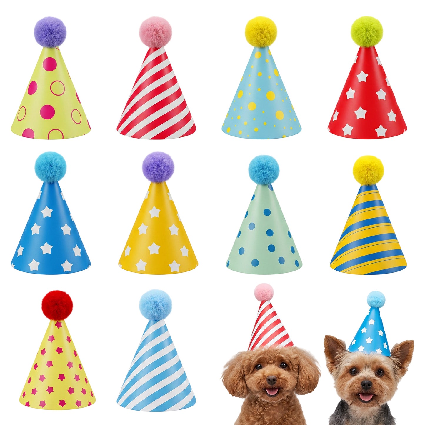 10 Pack Colorful Mini Party Hats for Dogs, Cats - Paper Cone Birthday Hats with Pom Poms for Pets, Puppies, Kittens, Rabbits Animals Celebration
