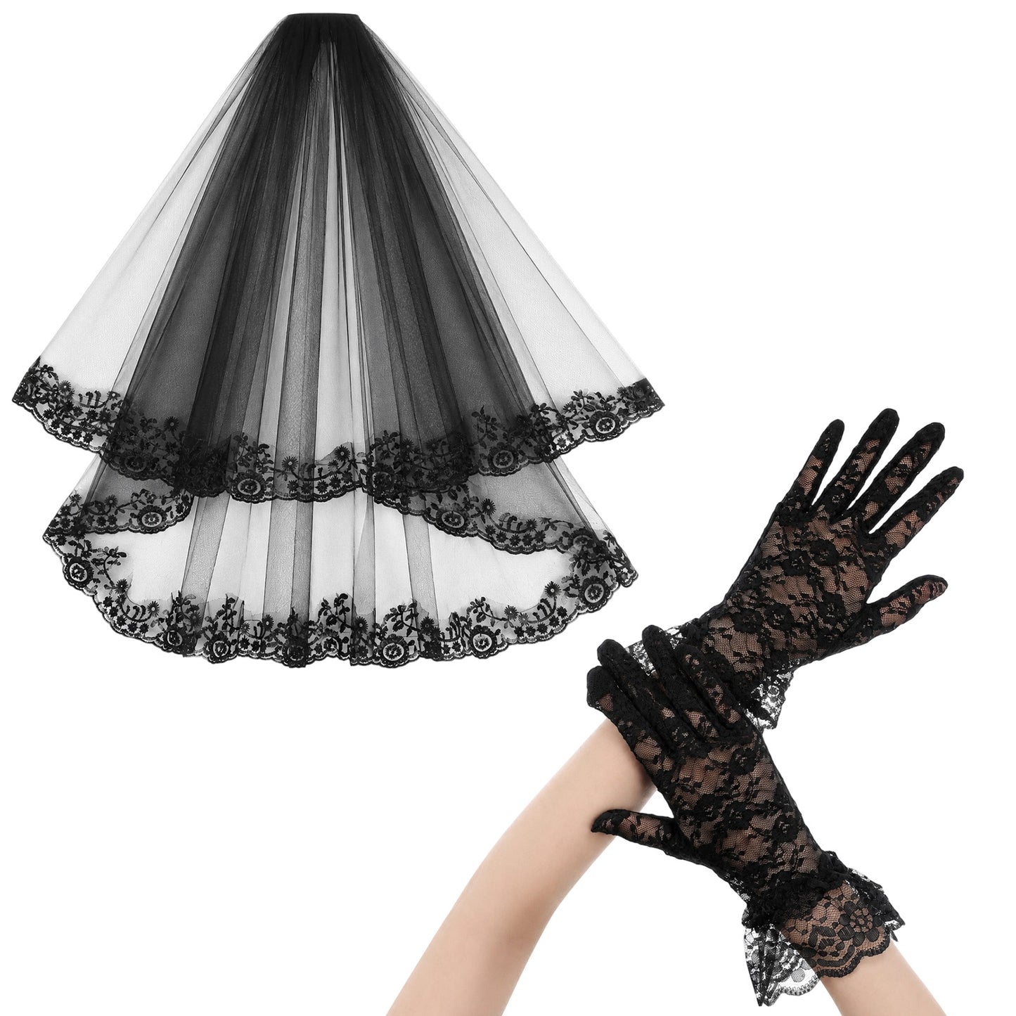 Macuezu 2 Pcs Black Veils for Women, Elegant Black Lace Veil with Gloves, Double Layer Bridal Wedding Veil for Women Wedding Halloween Events