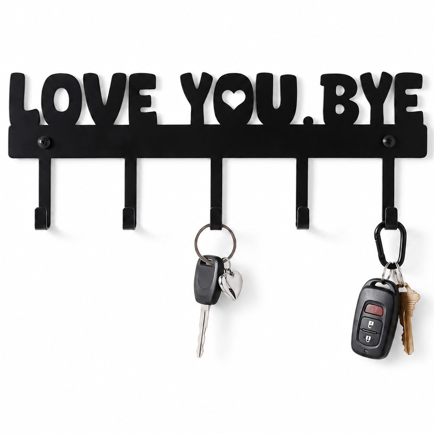 Falzqq Key Holder Wall Mount Love You.Bye Metal Wall Art Key Hooks Black Entryway Keys Hanger Organizer with 5 Hooks (10 x 4 Inch)