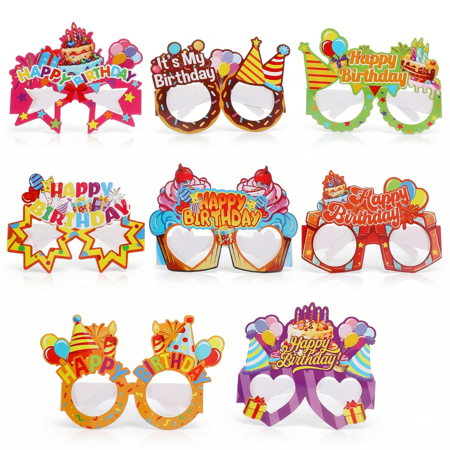 Grevosea 8Pcs Happy Birthday Glasses Party Paper Eyeglasses Set Funny Photo Booth Props Birthday Party Supplies for Adults Kids Celebration Decorations Glasses
