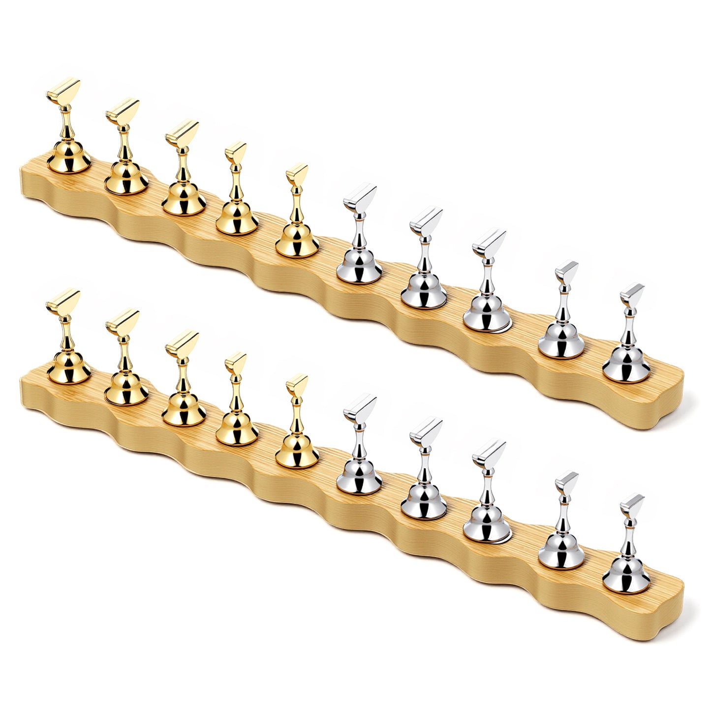 YQQYG 2 Sets Nail Holder Stand, Press on Nails Holder, Wooden Wave Shape Nails Holders, Magnetic Base for Painting Display Holders (Silver, Gold)