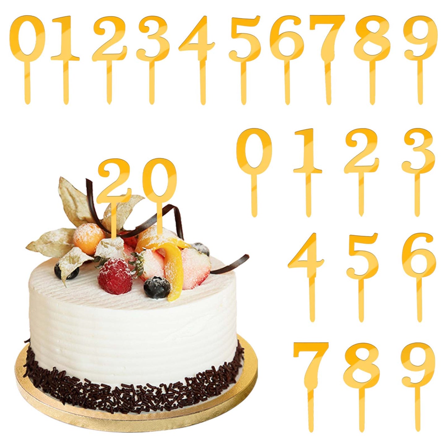0-9 Number for Cake Topper 20 Pieces Gold Birthday Number Cake Toppers Shiny Acrylic Numbers Happy Anniversary Cakes Topper Sticks for Wedding Baby Shower Party DIY Handmade Cakes Supplies