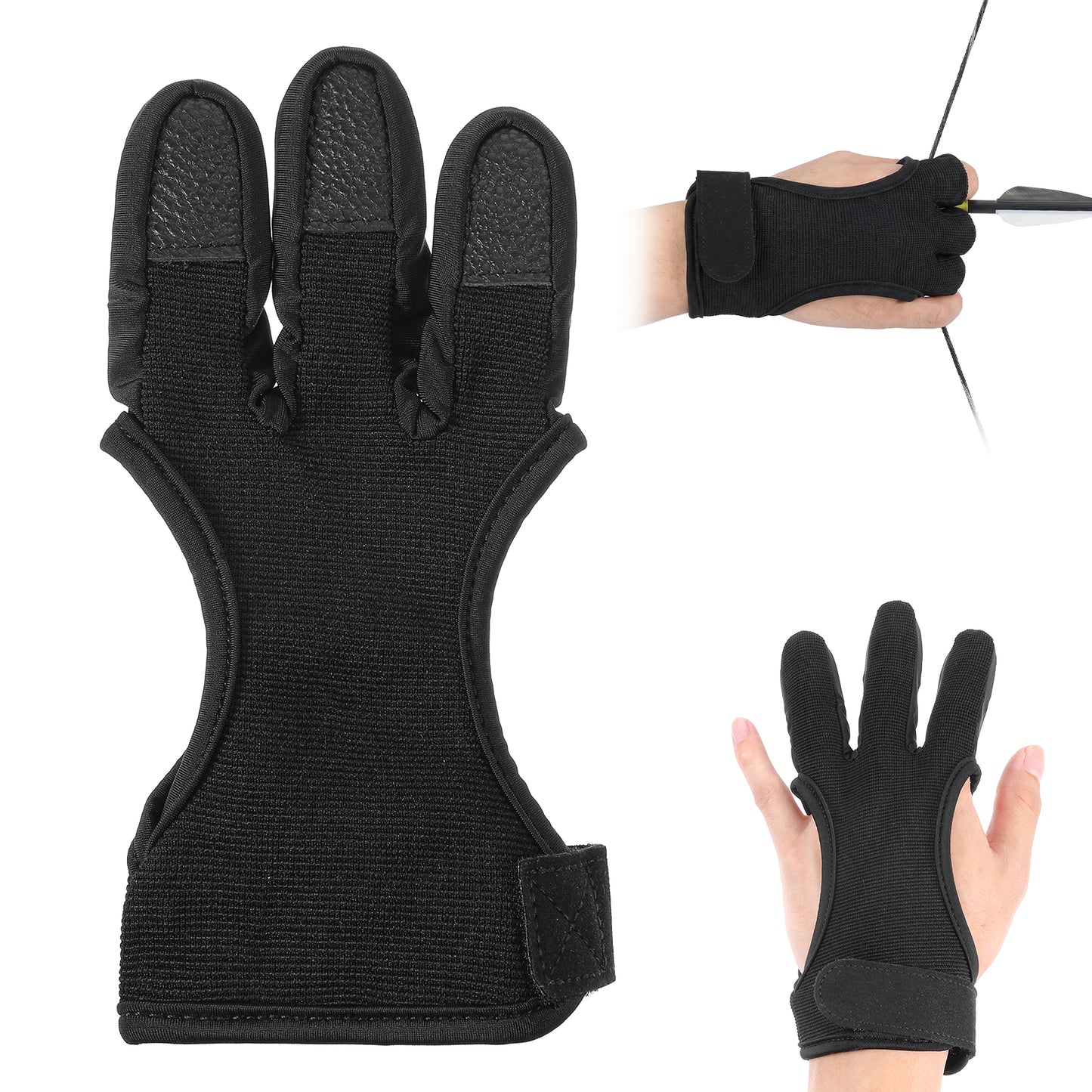 Elasticity Archery Glove for Shooting, Three Finger Leather Archery Finger Guard Protective Gear, Adjustable Shooting Gloves for Youth & Adults Beginner, Essential Archerys Accessories (Black, M)