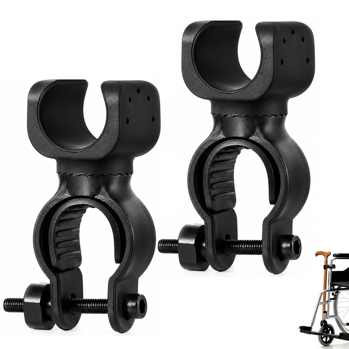 PEOVLVN 2 Pcs Cane Holder for Walker, Universal Walking Stick Holders Cane Holder for Wheelchair Mobility Scooter Crutches Rollator Accessories for Seniors