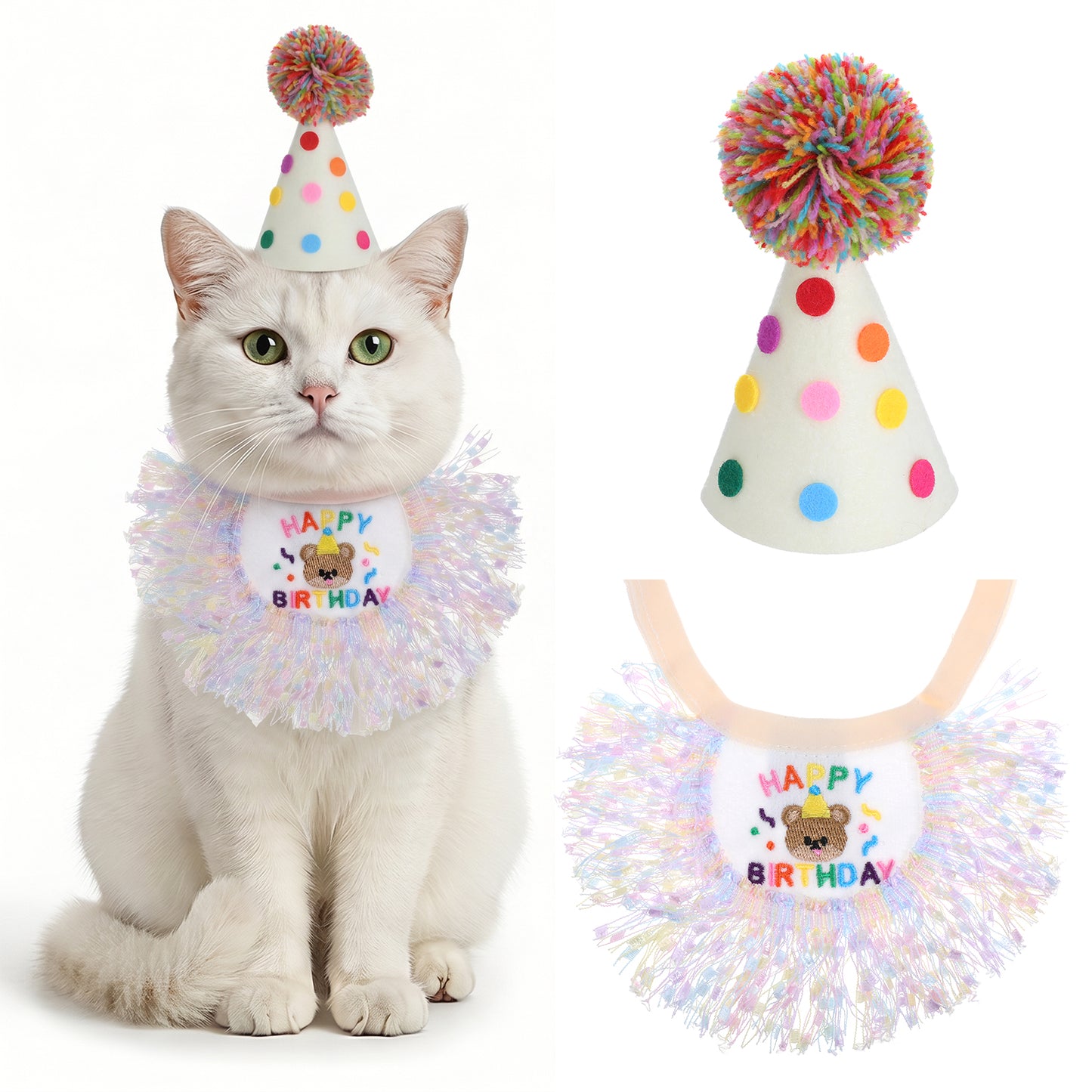 Cat Birthday Hat and Bandana, Cute Cat Party Hat and Bib Scarf Costume Outfit for Cats Kitten Stuffed Animals Birthday Celebrations Photograph