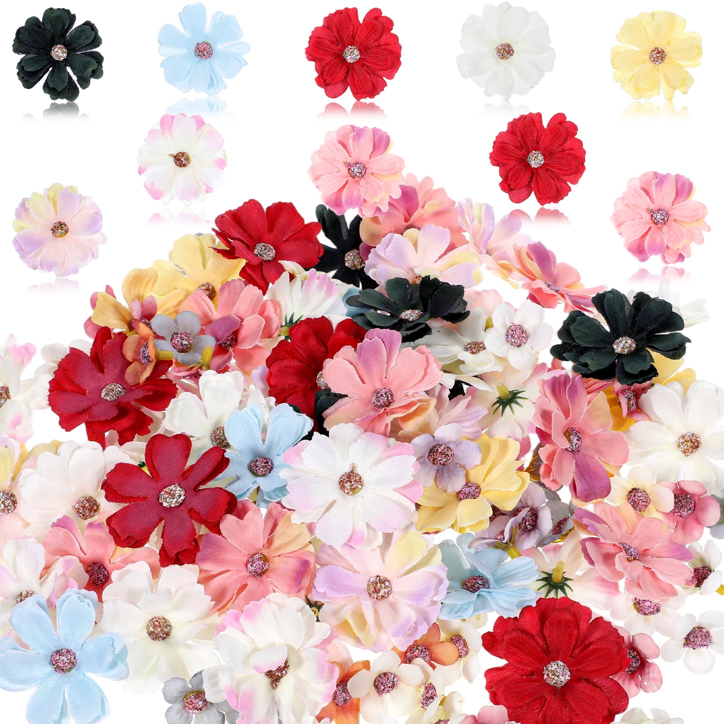 120 Pcs Mini Artificial Flowers, Small Fabric Fake Heads Flowers, Small Fake Rose Daisy Faux Flower, 3D Loose Faux Fabric Flower for DIY Crafts, Wedding Decor, Scrapbooking, Party & Home Decoration