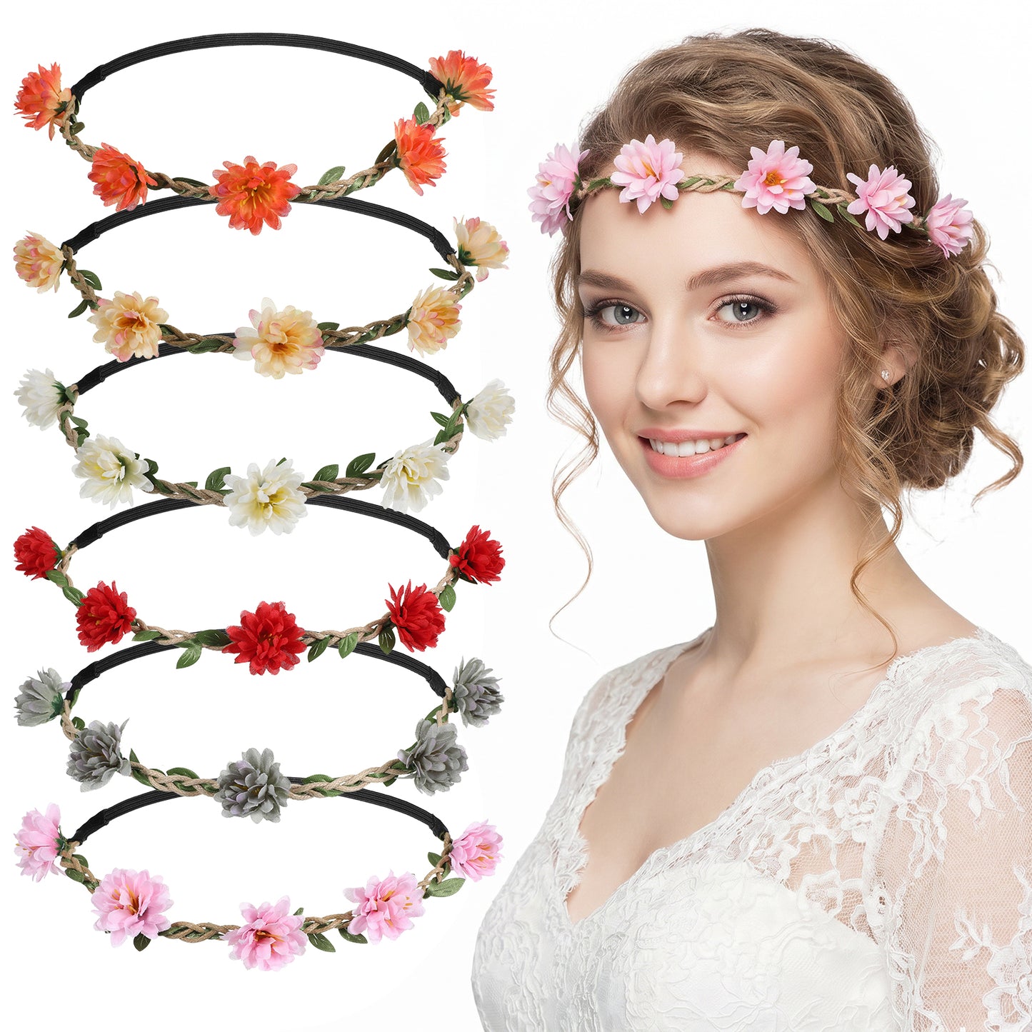 6 Pcs Flower Crowns for Women, Floral Headband Hair Wreath Boho Floral Headpiece for Wedding, Birthday, Festival Party, Photo Shoot & Daily Wear
