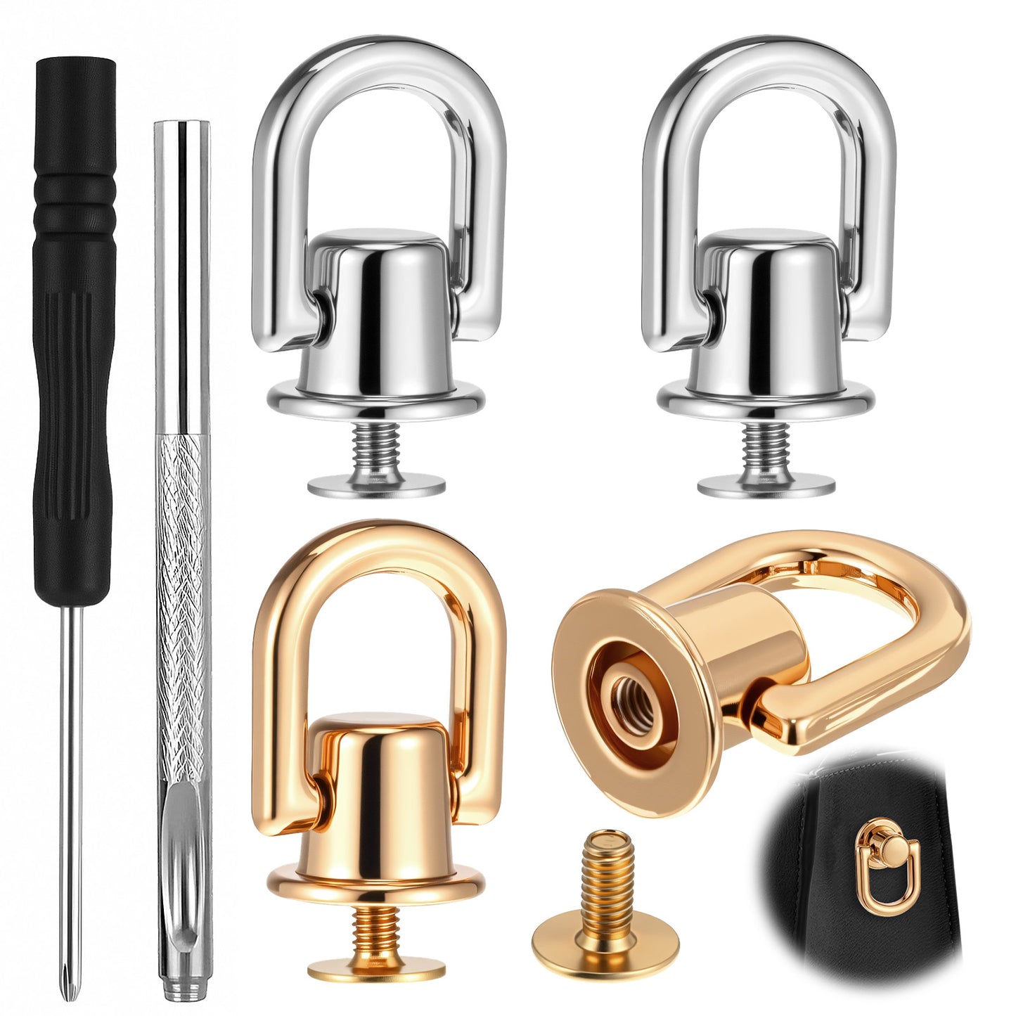 Axafazup 4PCS D Rings for Purse, 360 Degree Rotatable D Ring Stud Screw Ball Studs Rivets, Crossbody Conversion Kit, Metal Bag Hardware For Leather Purse Straps Handbag DIY Craft (Gold, Silver)