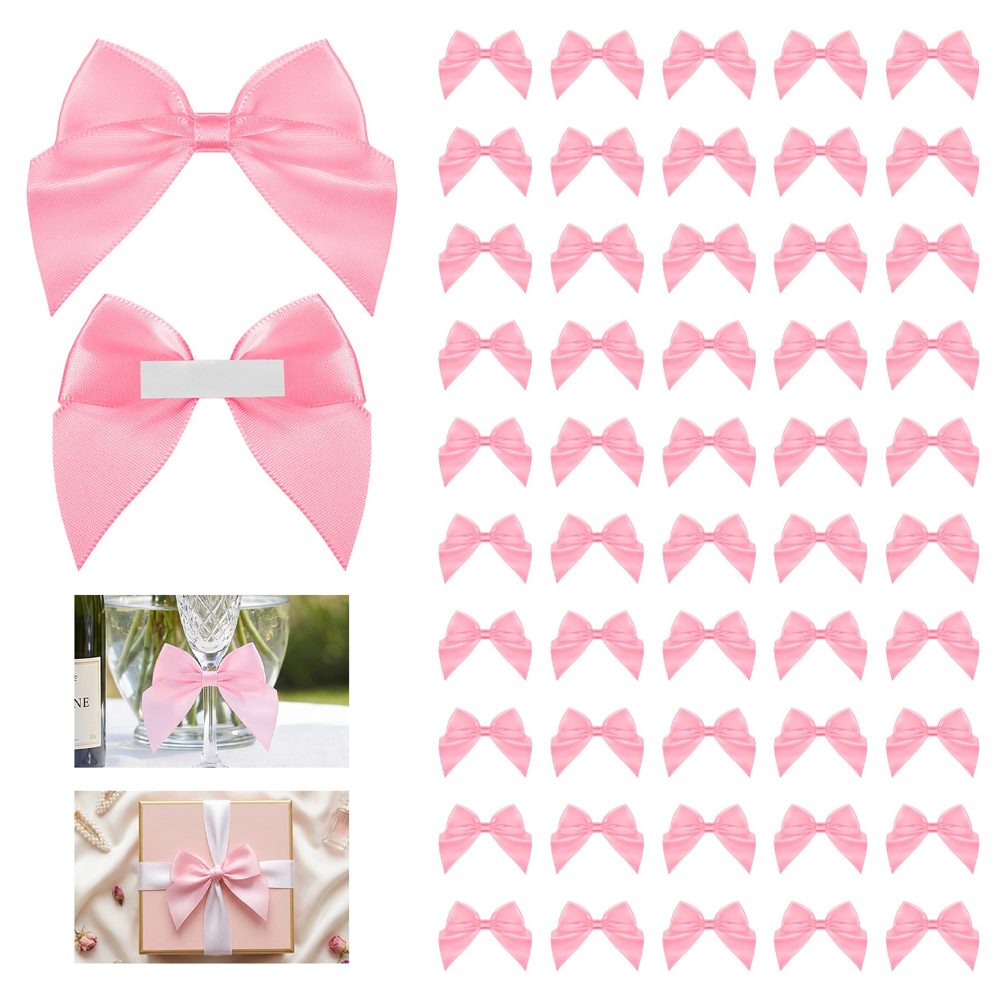 50 Pack Satin Ribbon Bows Mini Bow for Crafts Self Adhesive Premade Bow for Gift Wrapping Treat Bags Party Favors Wedding Christmas Birthday Decorations (Pink)