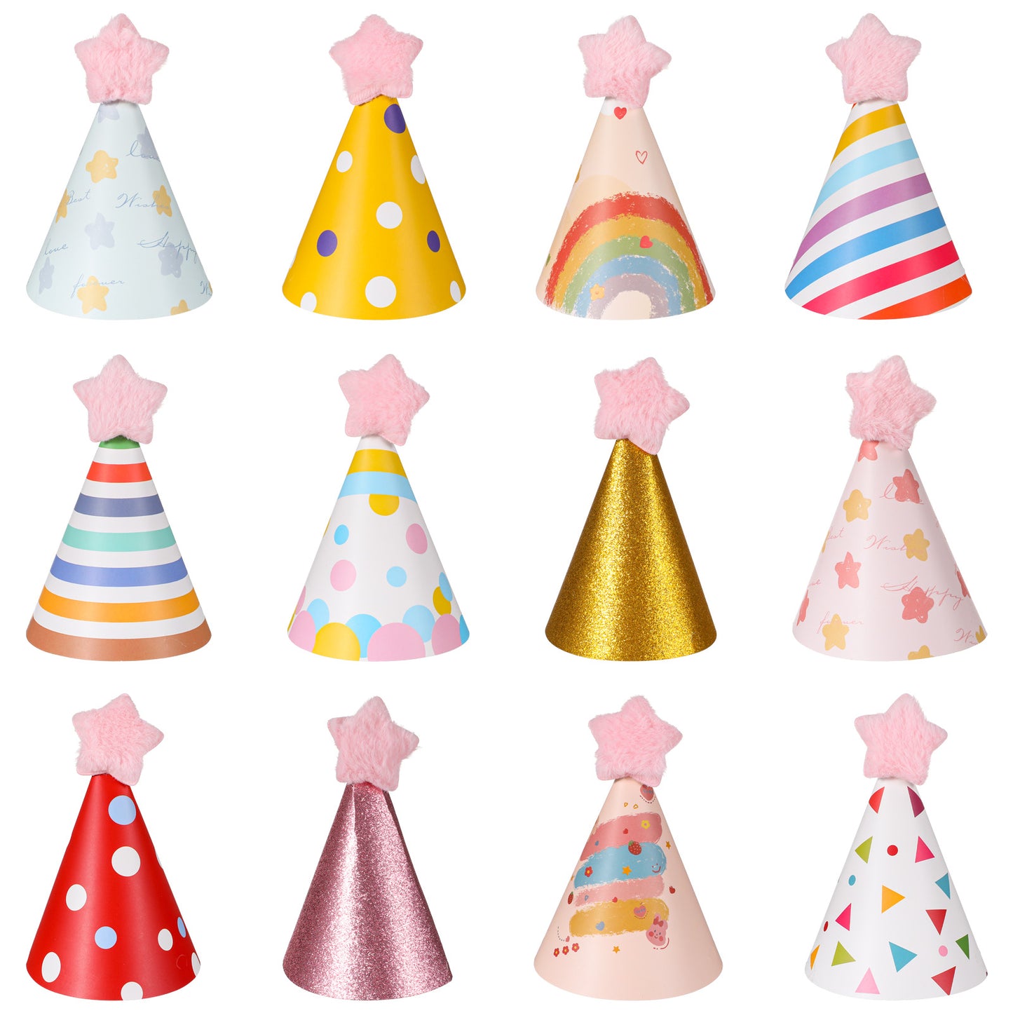 Kynigo 12 Pcs Colorful Mini Party Hats for Stuffed Animals, Birthday Hats for Stuffed Animals Cute Mini Birthday Hat with Star Top Ornament, Stuffeds Animal Party Hat