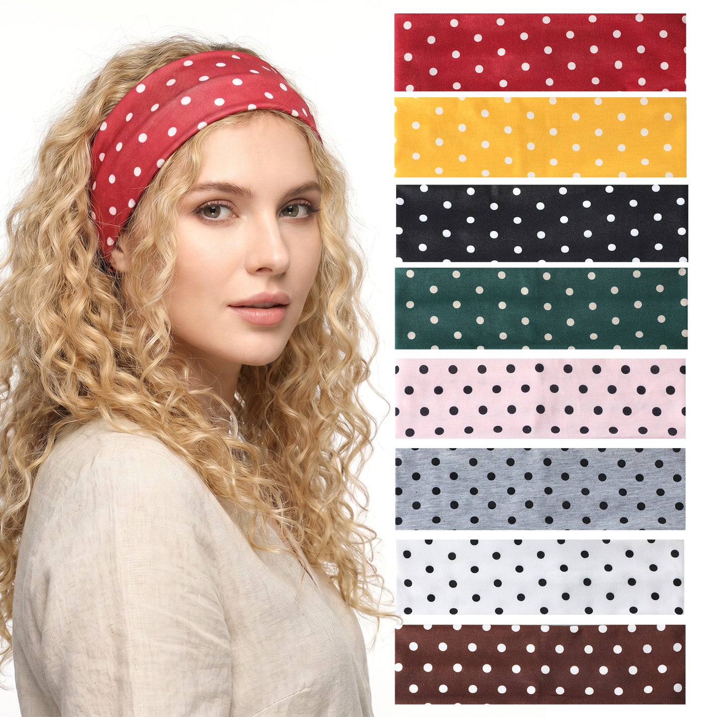 8 Pack Polka Dot Headbands, Non Slip Wide Headbands Fashion Polka Dot Headband, Soft Fabric Elastic Headband for Women Yoga Workout and Daily Fashion