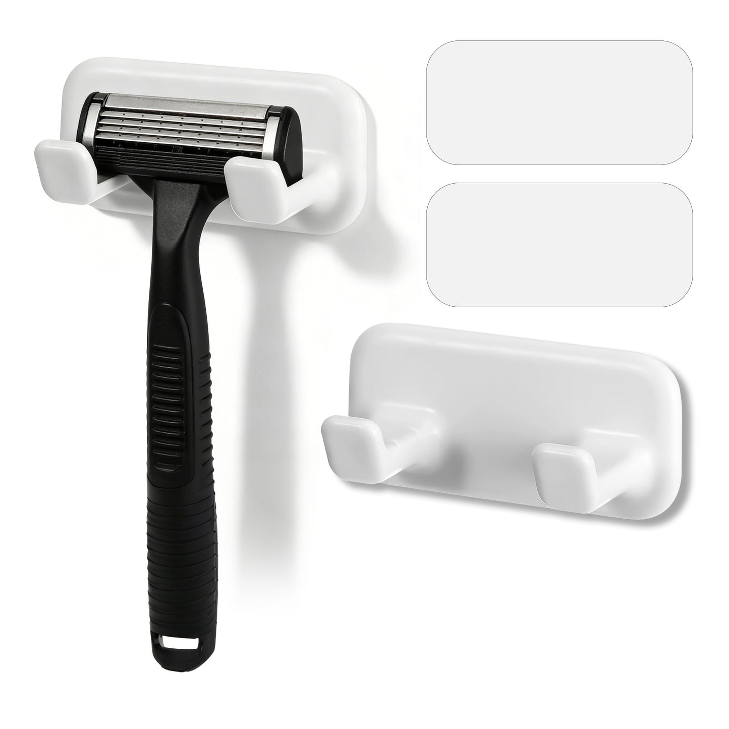 Axafazup 2 Pack White Self-Adhesive Razor Holder for Shower, Removable Reusable Waterproof Shaver Hanger Hooks, for Hanging Towels, Keys, Hats, Loofah, Hair Brush, Bathroom Kitchen Accessories