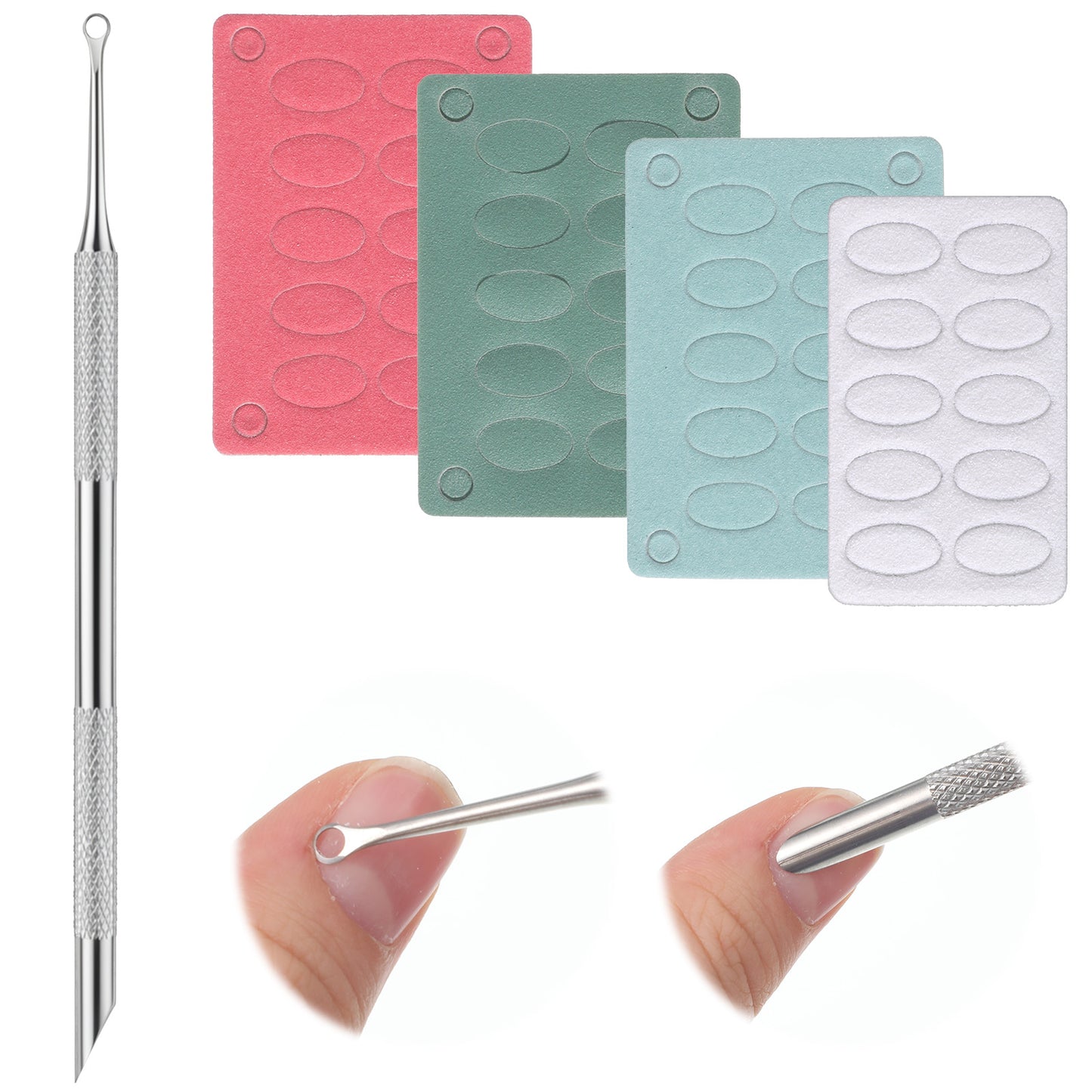 Stainless Steel Nail Cuticle Pusher with 100/150/200/240 Grit Sandpaper Sheets, Dual-Ended Metal Loop Cuticle Pusher for Manicure Pedicure Nail Art