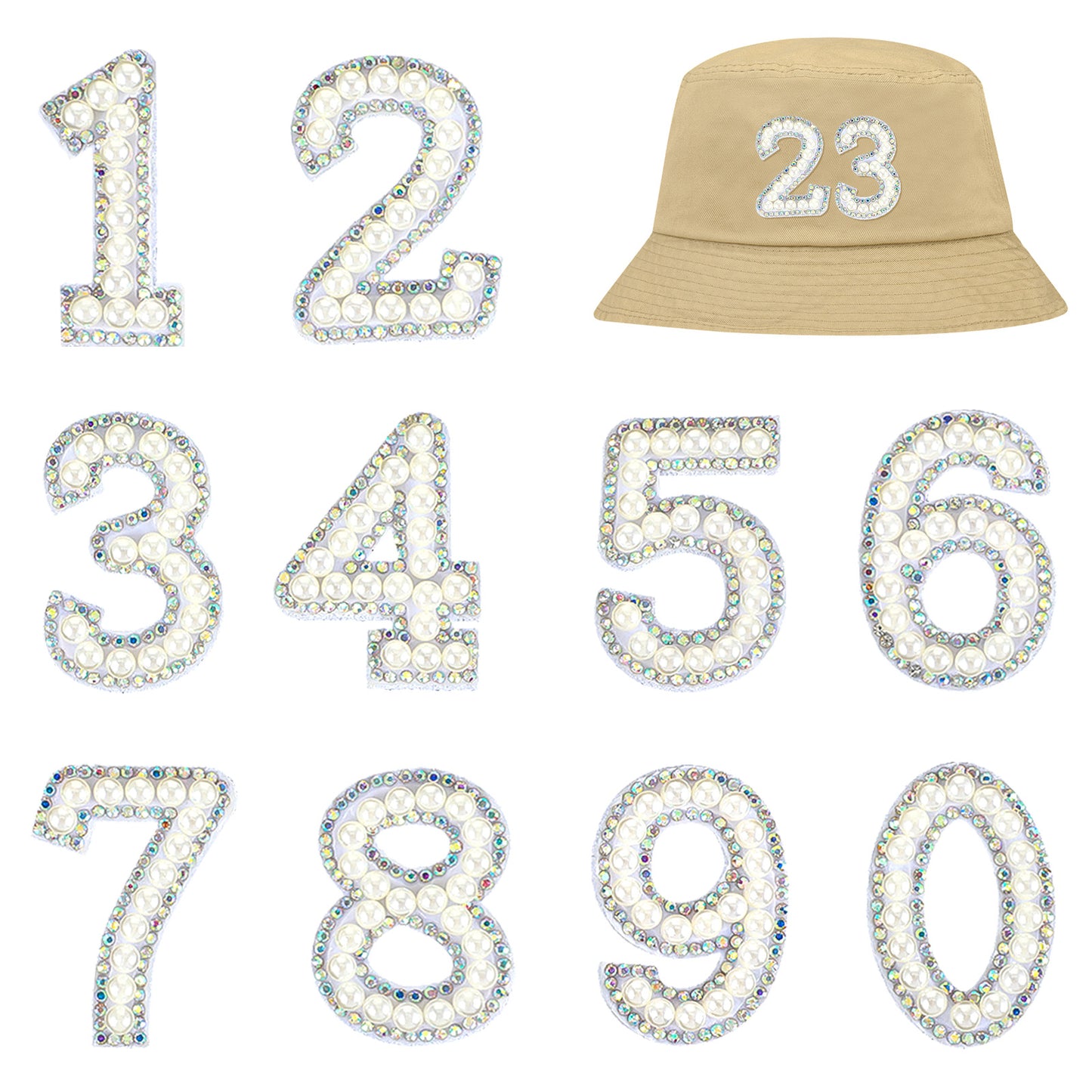 10 PCS Iron on Numbers, Practical White Number Patches with Pearl Appliques Embellishments for DIY Team Uniforms Sports T-Shirts Hats Bags Jeans Jackets Clothing Backpack (Number 0-9)