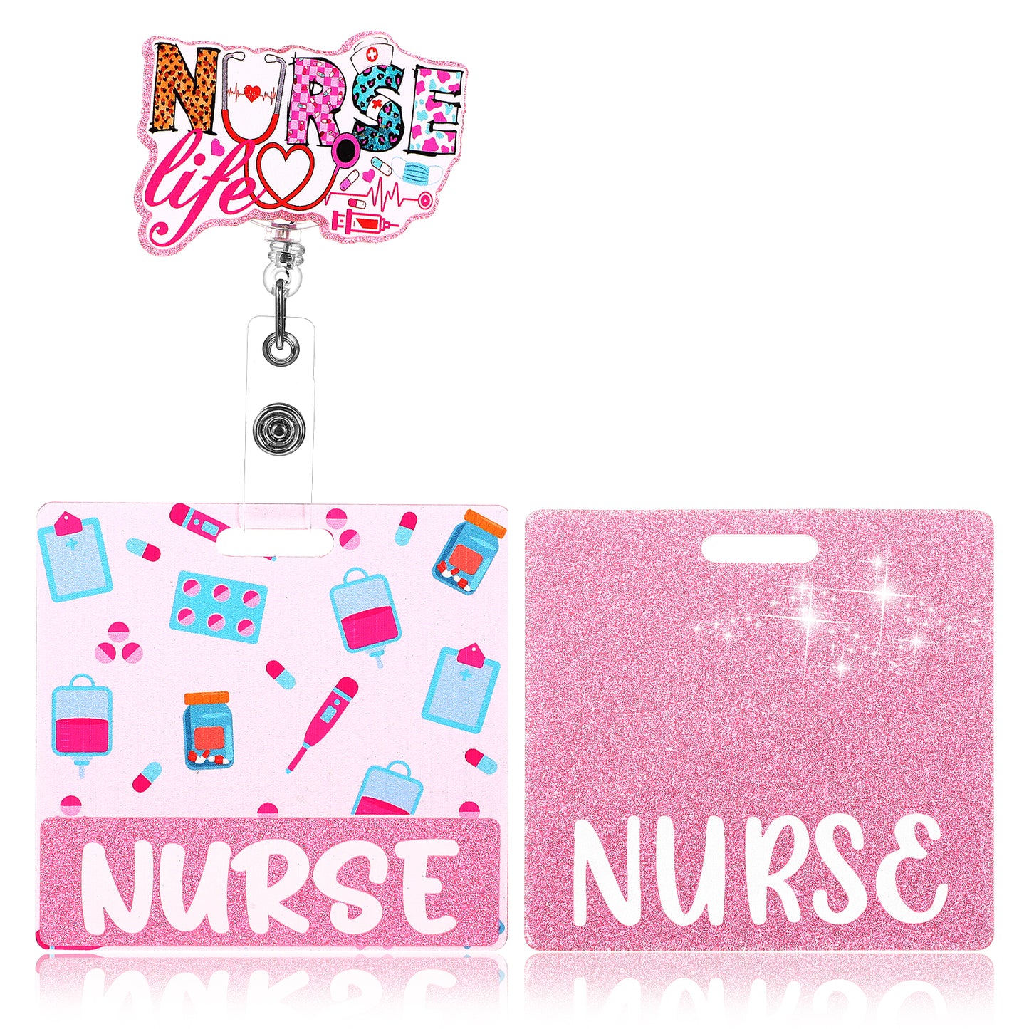 2pcs Glitter Badge Buddy - Pink Acrylic Nurse Badge, Nurse Badge Buddy, Nurse Badge Reel, Nurse Badge Accessories for RN, CNA, LPN, Medical Assistants
