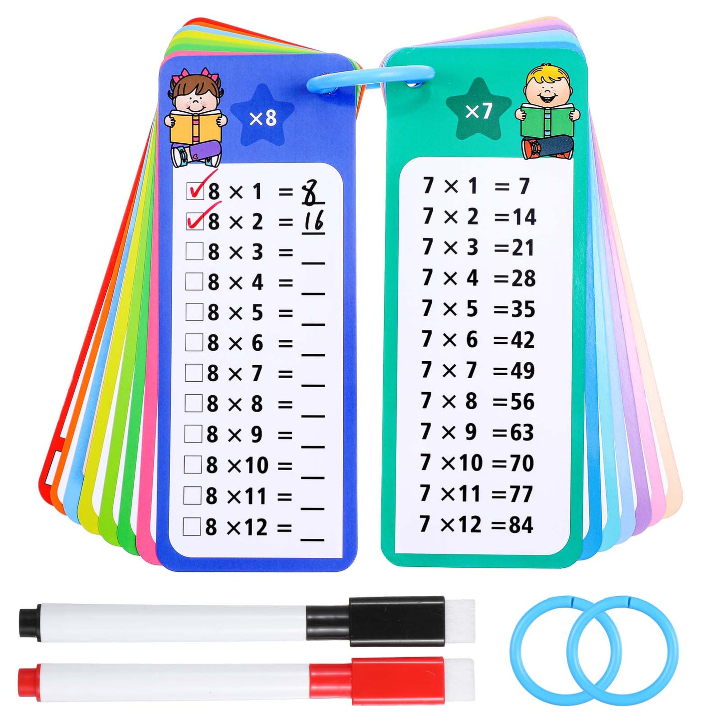 1-12 Multiplication Flashcards - 15 Pcs Math Flash Cards with 2 Dry Erase Markers, Times Table Chart for Classroom Home Fun Math Games(Multiplication)